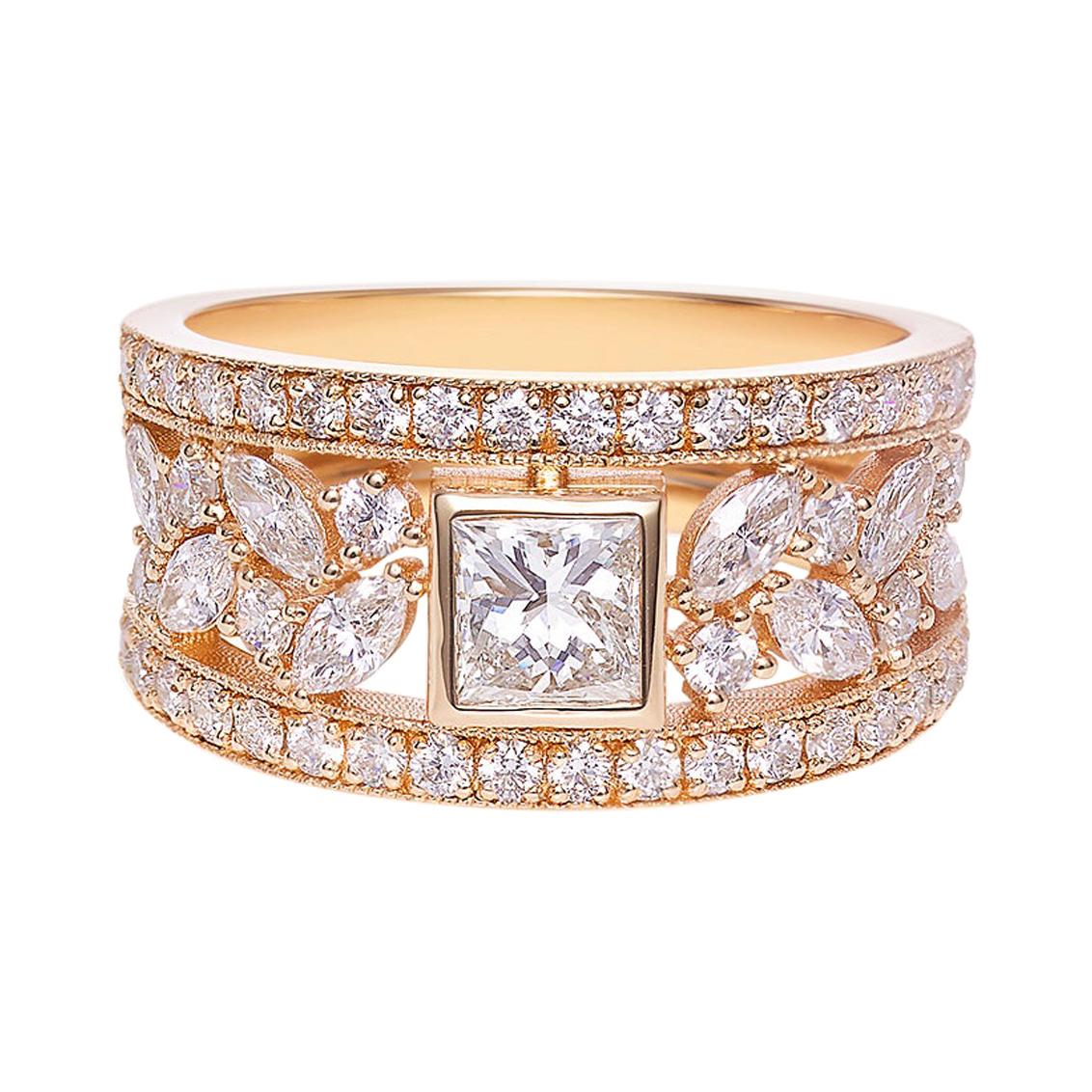 Princess Cut Diamond, Marquise Cut Diamond Unique Ring 18K Yellow Gold For Sale