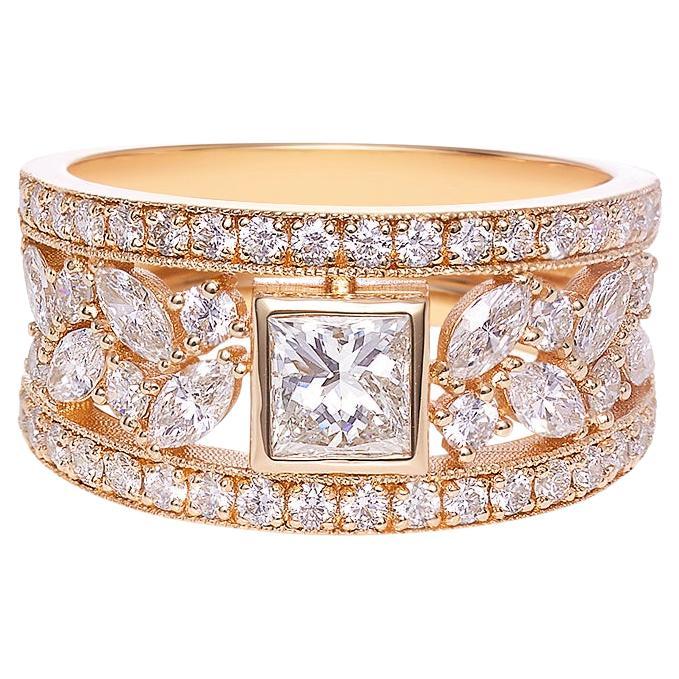 Diamant im Prinzessinnenschliff, Diamant im Marquise-Schliff, einzigartiger Ring aus 18 Karat Gelbgold