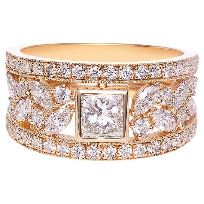 Princess Cut Diamond, Marquise Cut Diamond Unique Ring 18K Yellow Gold