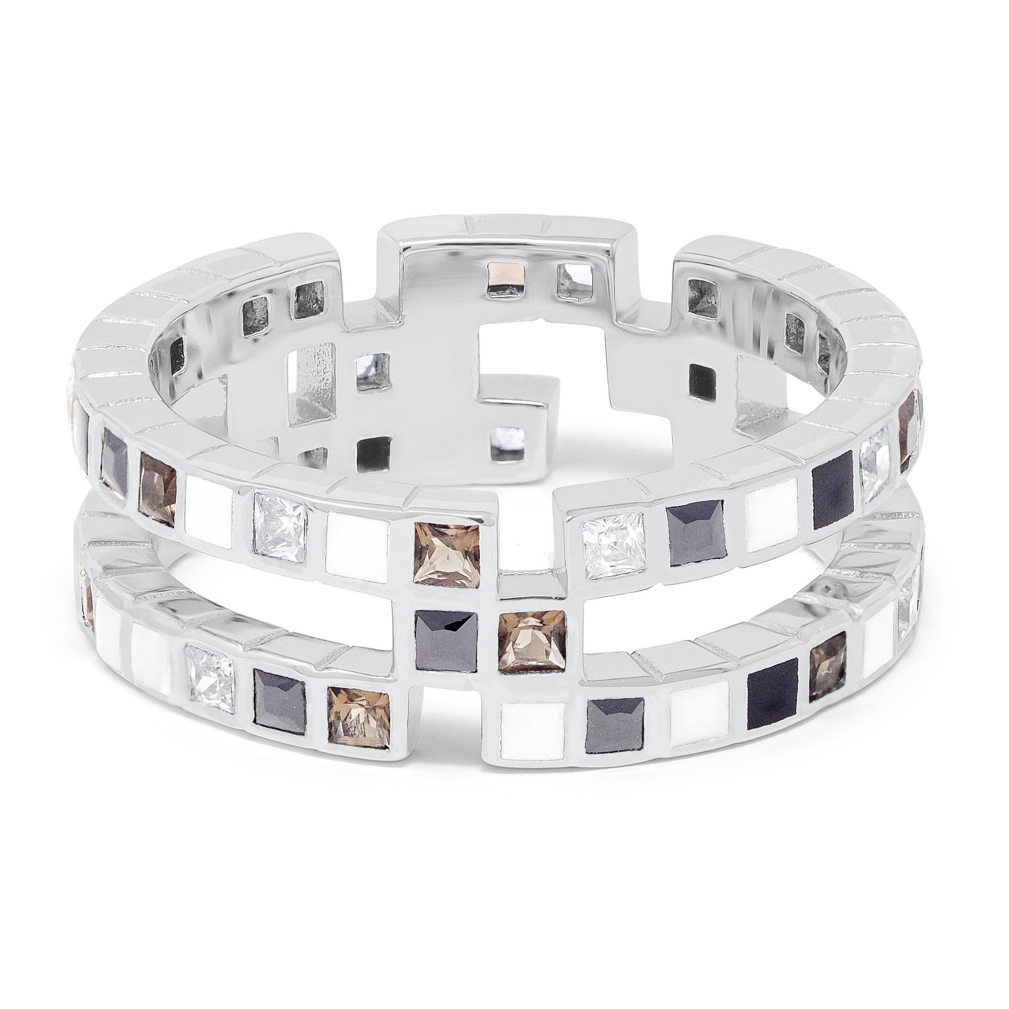 For Sale:  Princess Cut Diamond Onyx Smokey Quartz Enamel platinum Cubism Ring 3