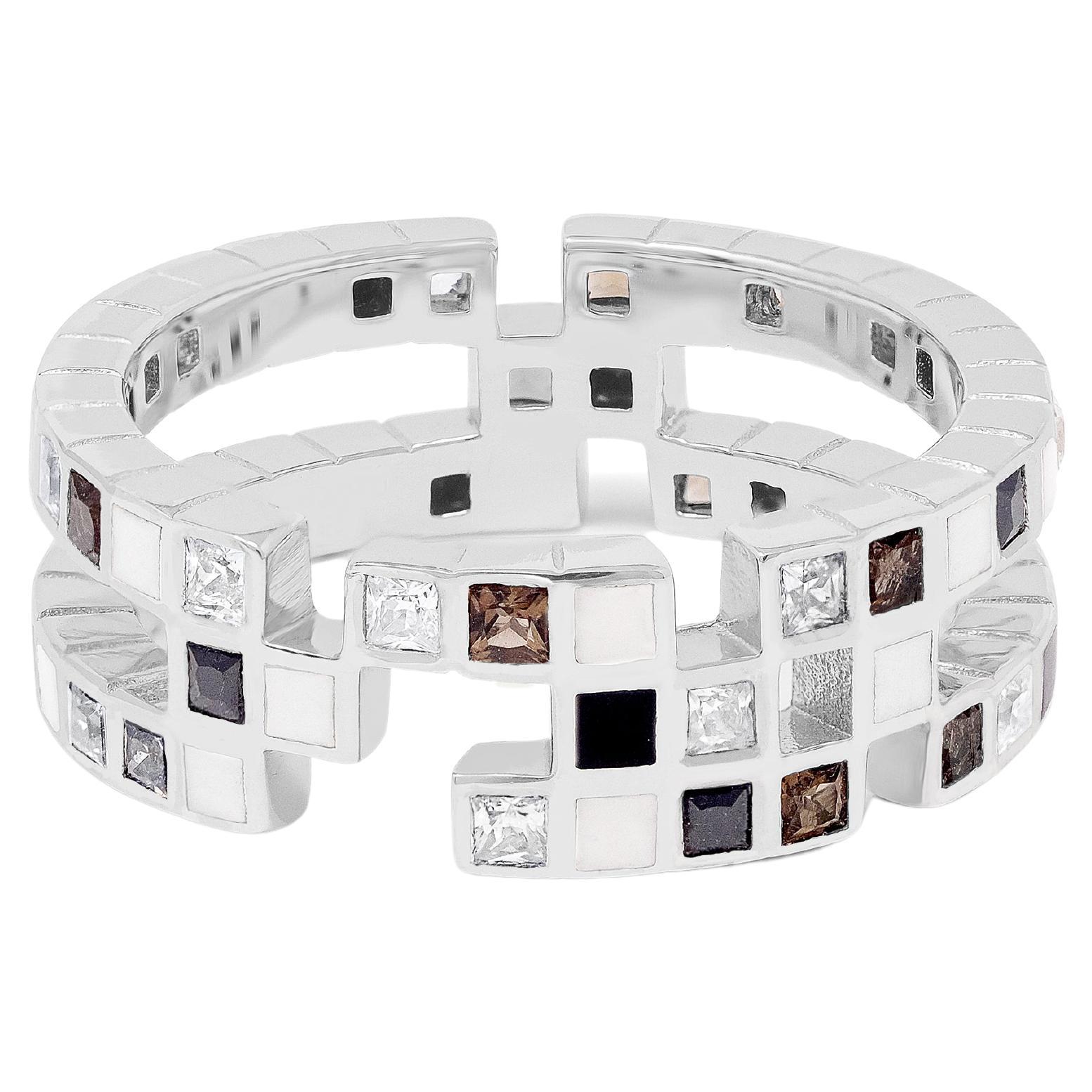For Sale:  Princess Cut Diamond Onyx Smokey Quartz Enamel platinum Cubism Ring