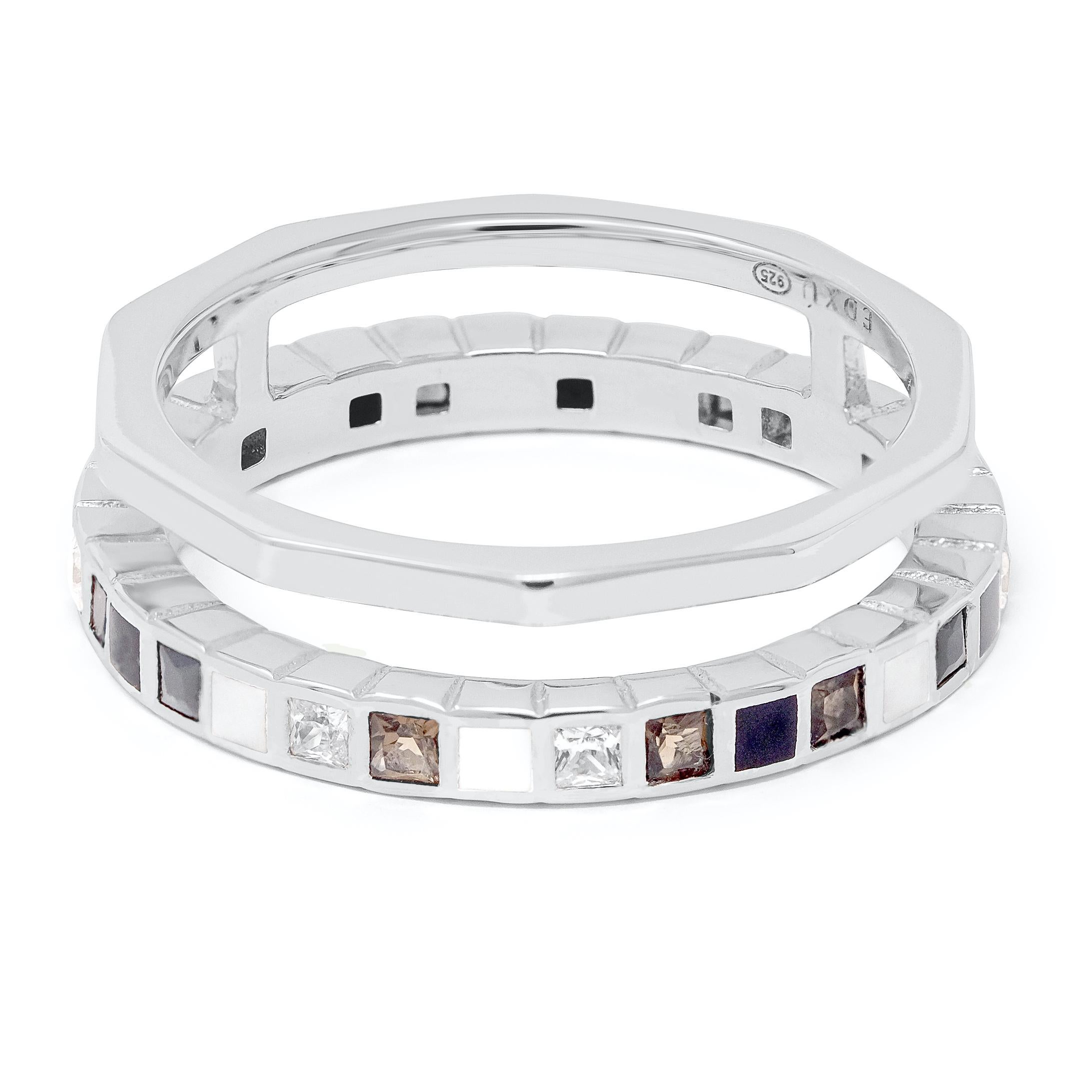 For Sale:  Princess Cut Diamond Onyx Smoky Quartz Enamel 18k White Gold Nova Ring 4