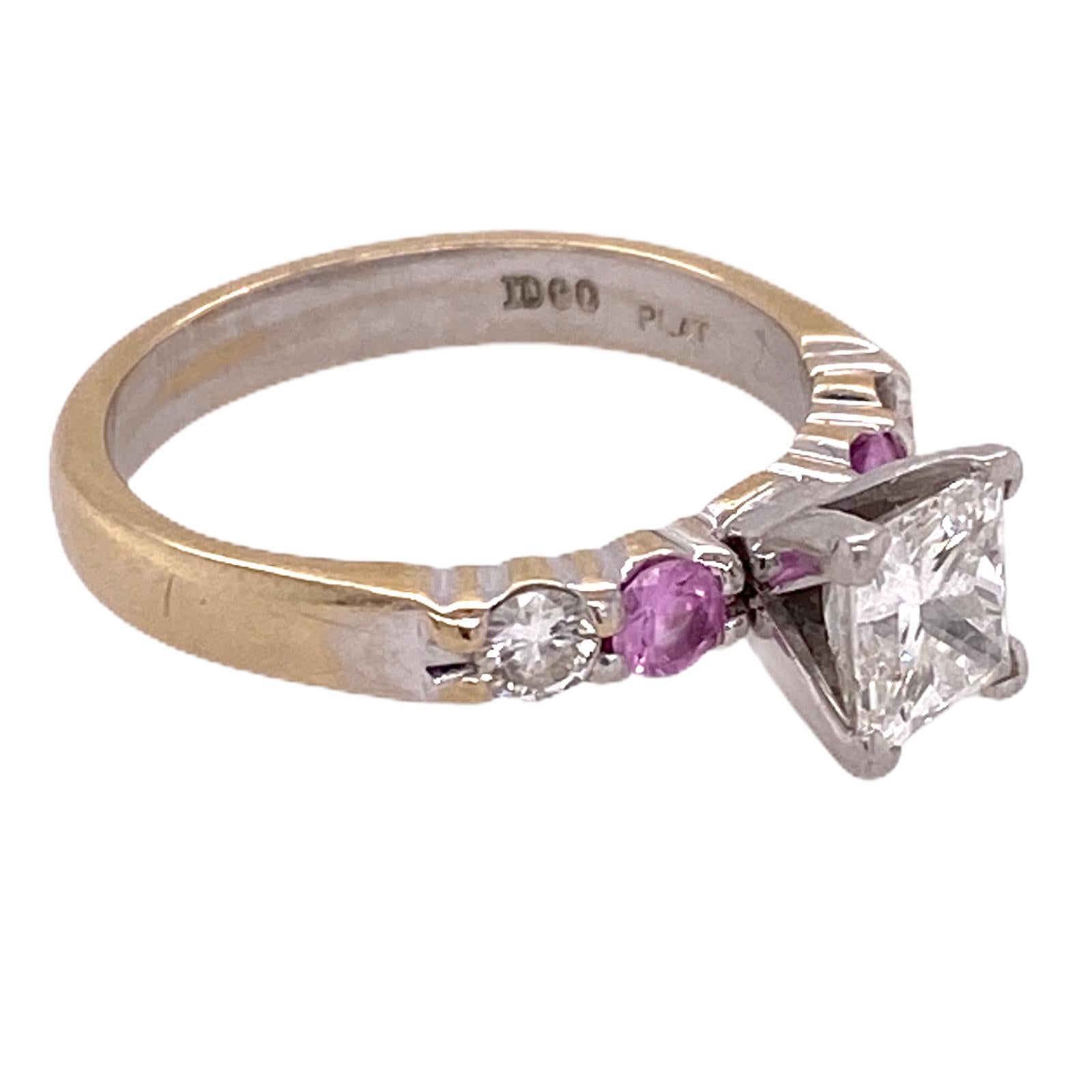 Modern Princess Cut Diamond Pink Sapphire Ring Platinum/18 Karat Yellow Gold GIA G/IF