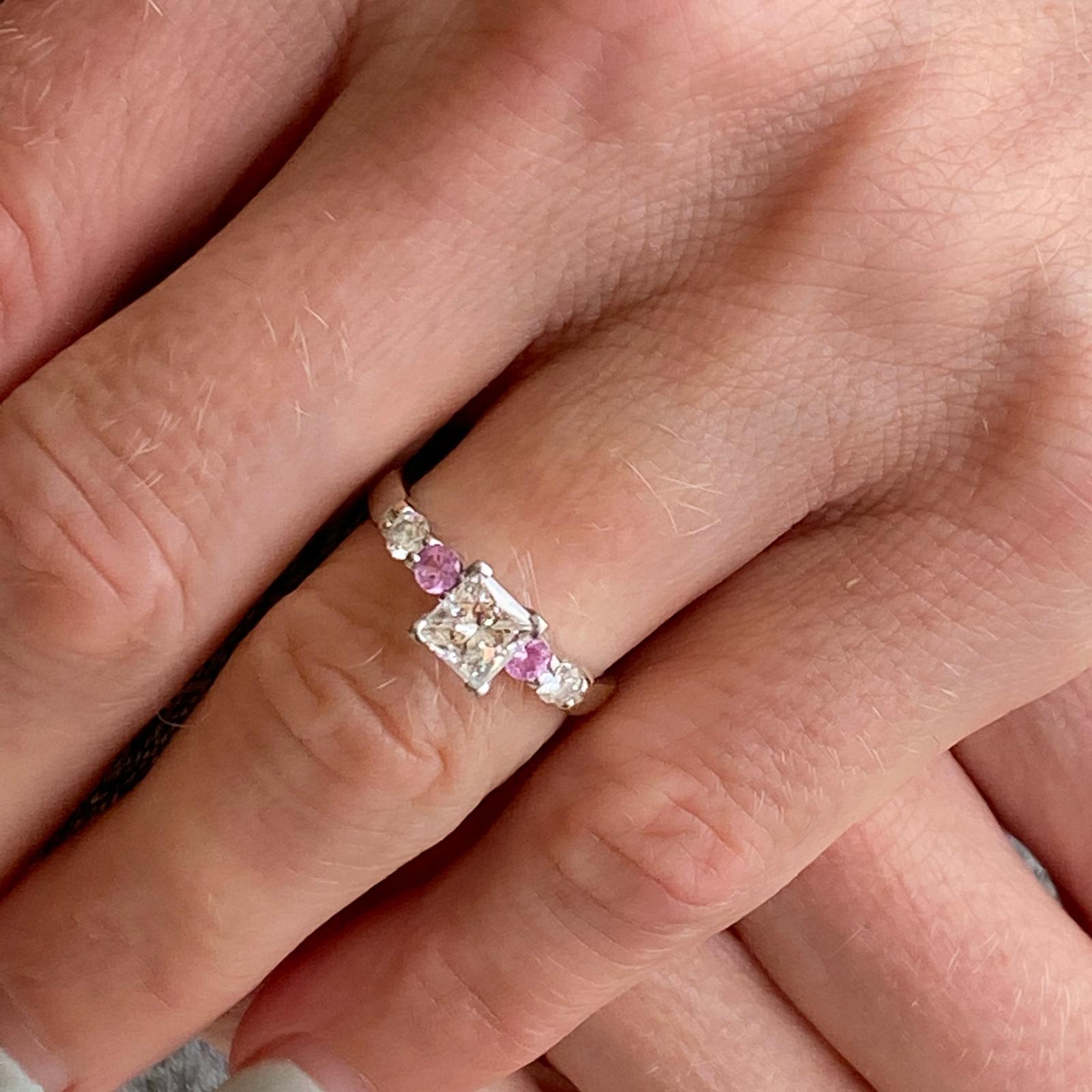 Princess Cut Diamond Pink Sapphire Ring Platinum/18 Karat Yellow Gold GIA G/IF 3