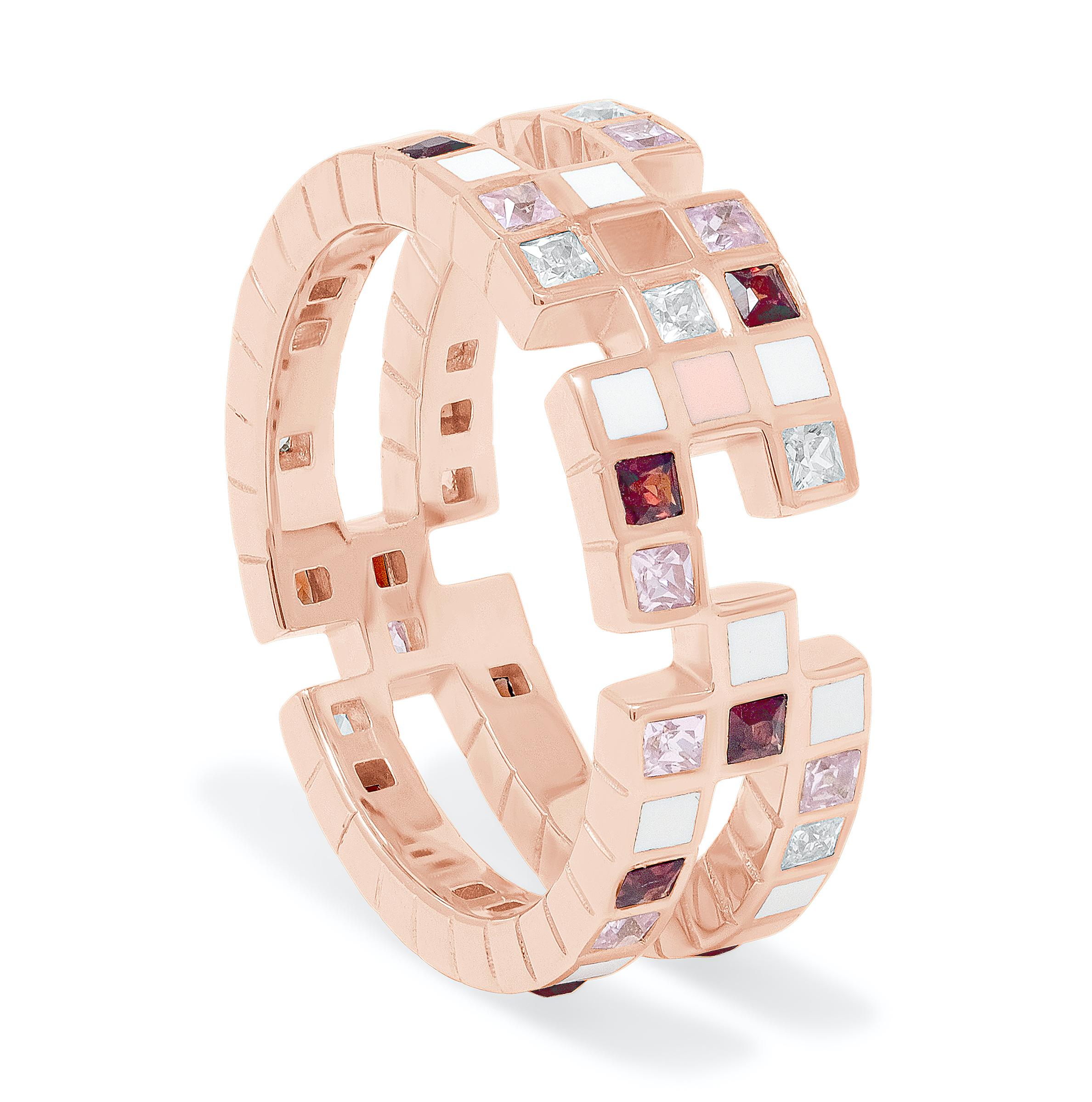 For Sale:  Princess Cut Diamond Pink Sapphire Garnet Enamel 18k Rose Gold Cubism Ring 2