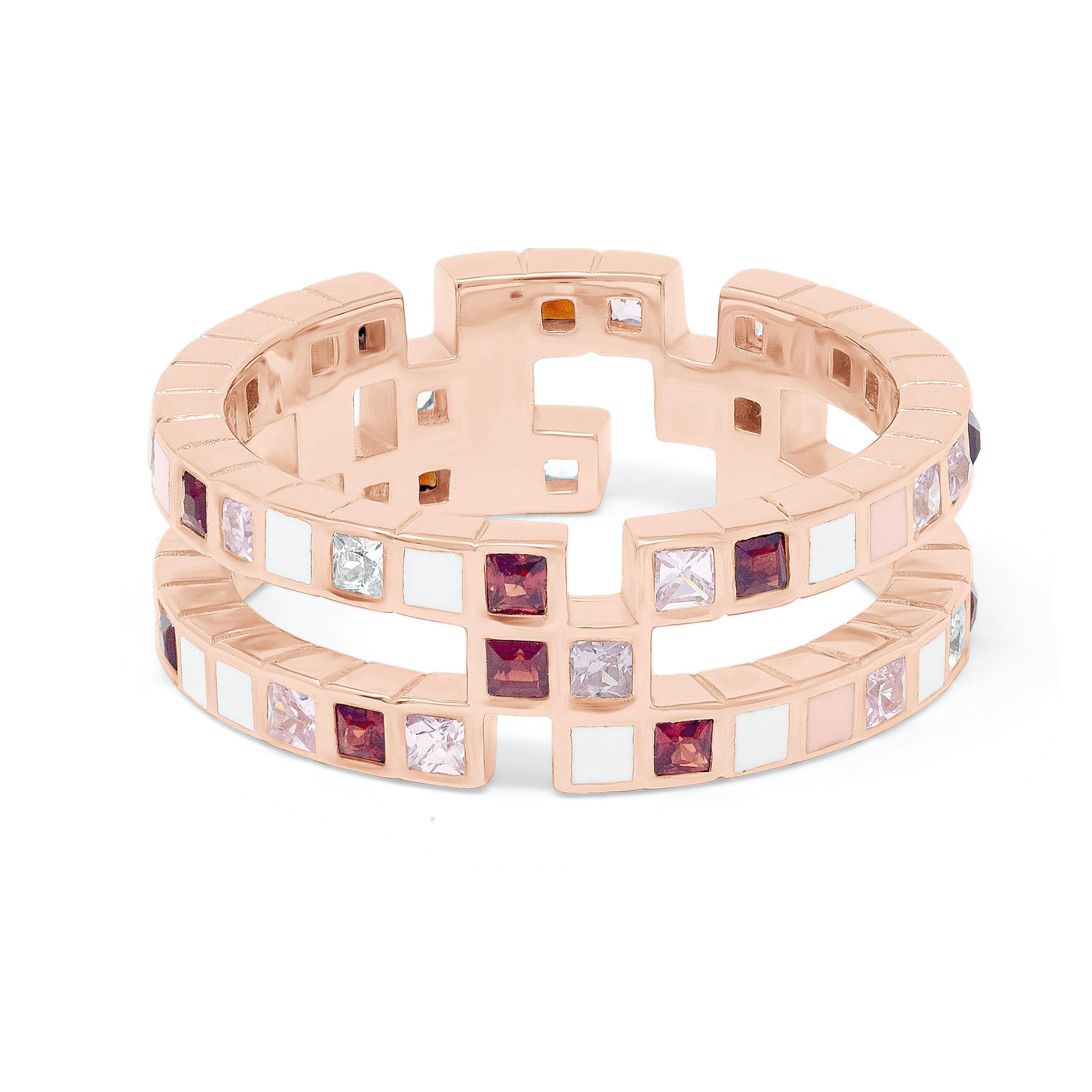For Sale:  Princess Cut Diamond Pink Sapphire Garnet Enamel 18k Rose Gold Cubism Ring 3