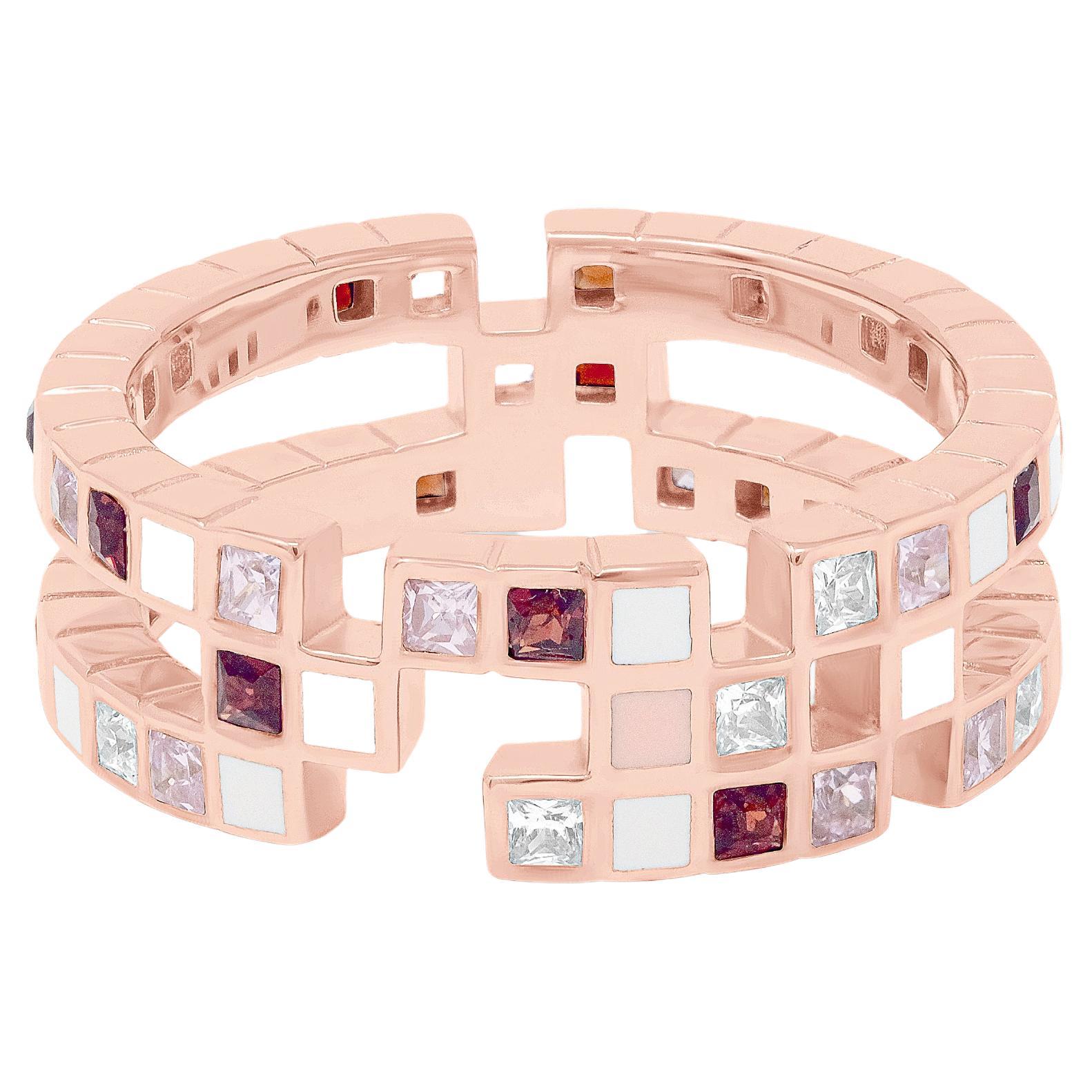 Kubistischer Ring aus 18 Karat Roségold mit Diamant im Prinzessinnenschliff, rosa Saphir, Granat und Emaille
