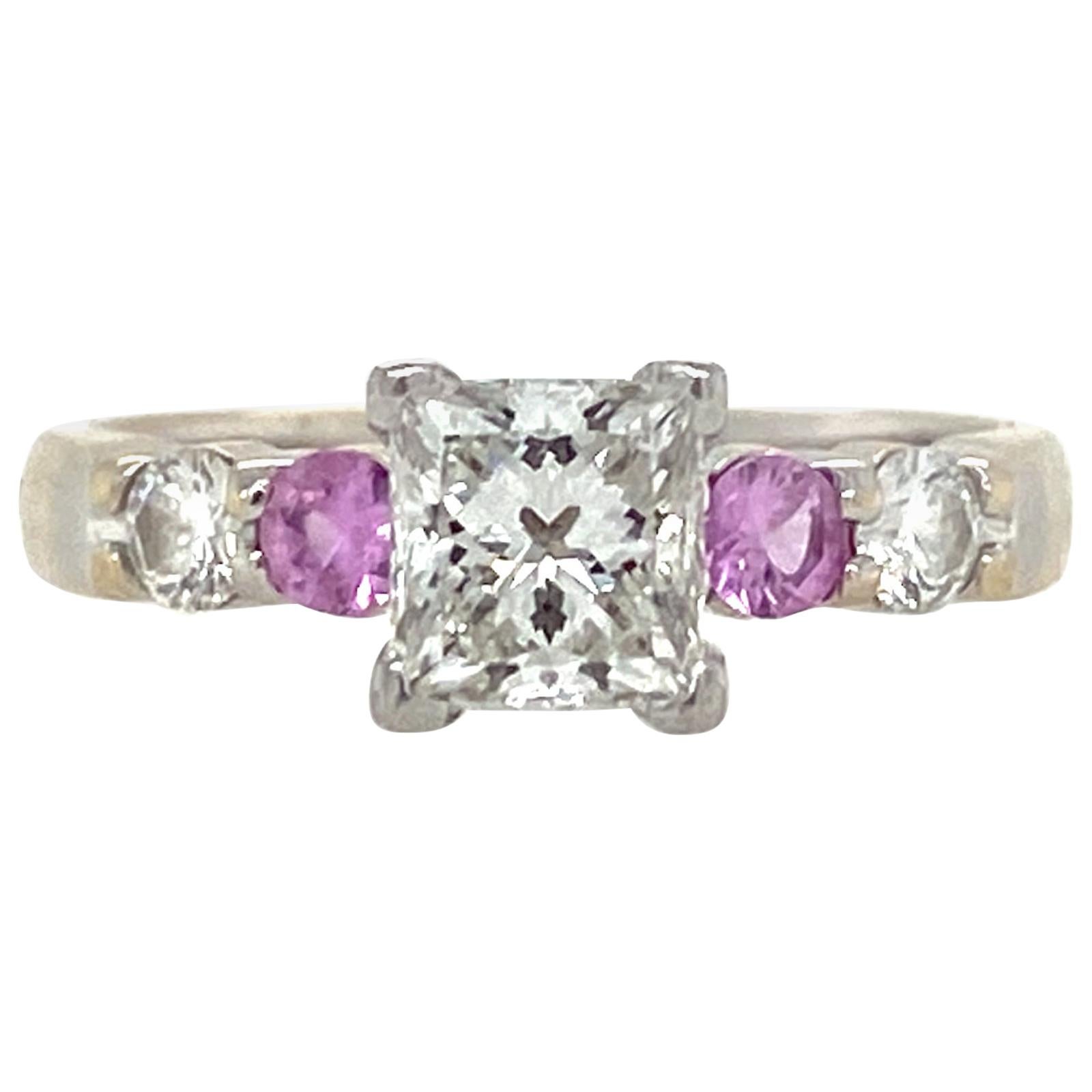 Princess Cut Diamond Pink Sapphire Ring Platinum/18 Karat Yellow Gold GIA G/IF