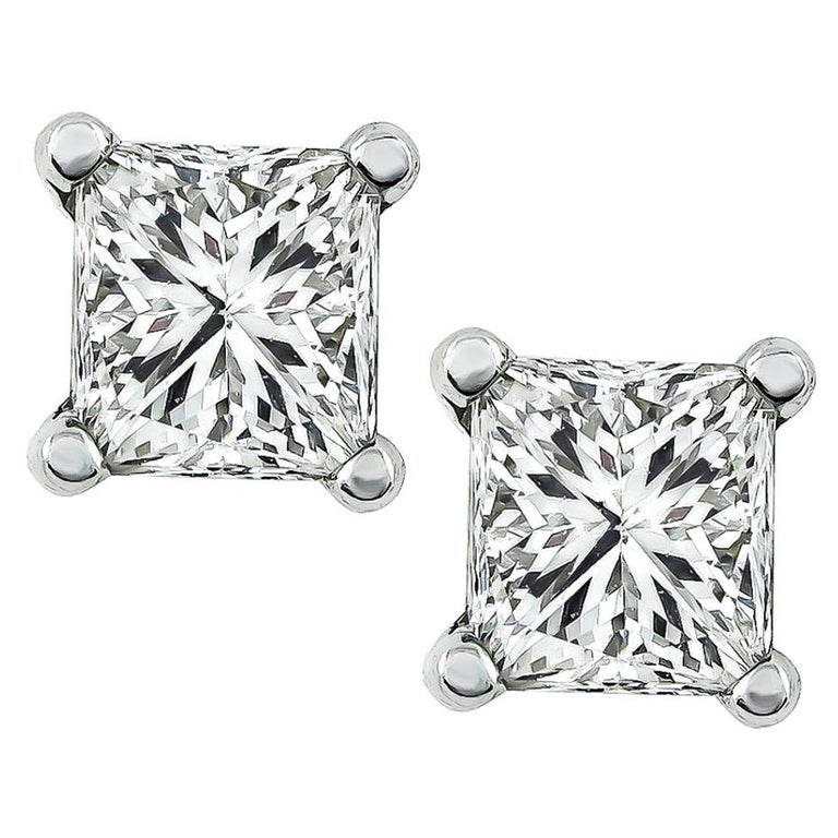 Princess Cut Diamond Platinum Stud Earrings For Sale at 1stDibs