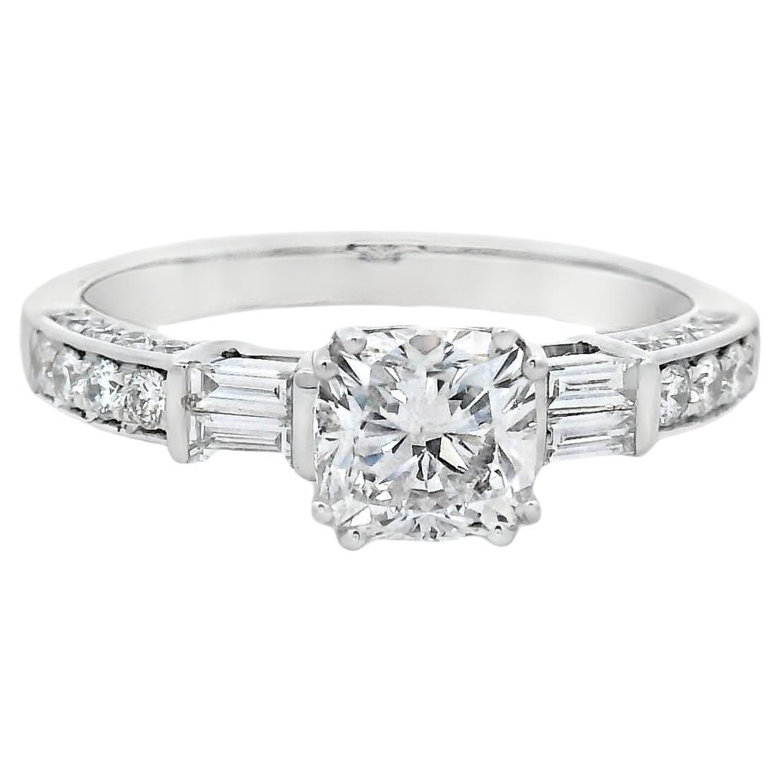 Princess Cut Diamond Ring, 1.40 Carats in 14K White Gold with Baguettes