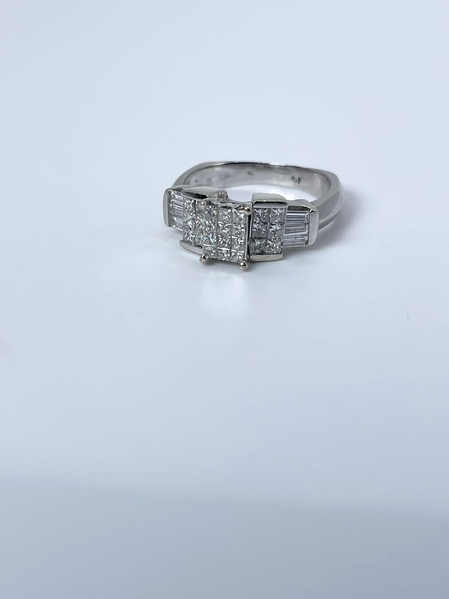 Princess cut diamond ring engagement ring style 14KT white gold.
ITEM#: KMP 100-00022
GRAM WEIGHT: 5.91gr
METAL: 14KT

NATURAL DIAMOND(S)
Cut: Round Brilliant, Square Brilliant
Color: G
Clarity: SI 
Carat: 0.55ct
Size: 8( can be re-sized)


WHAT YOU