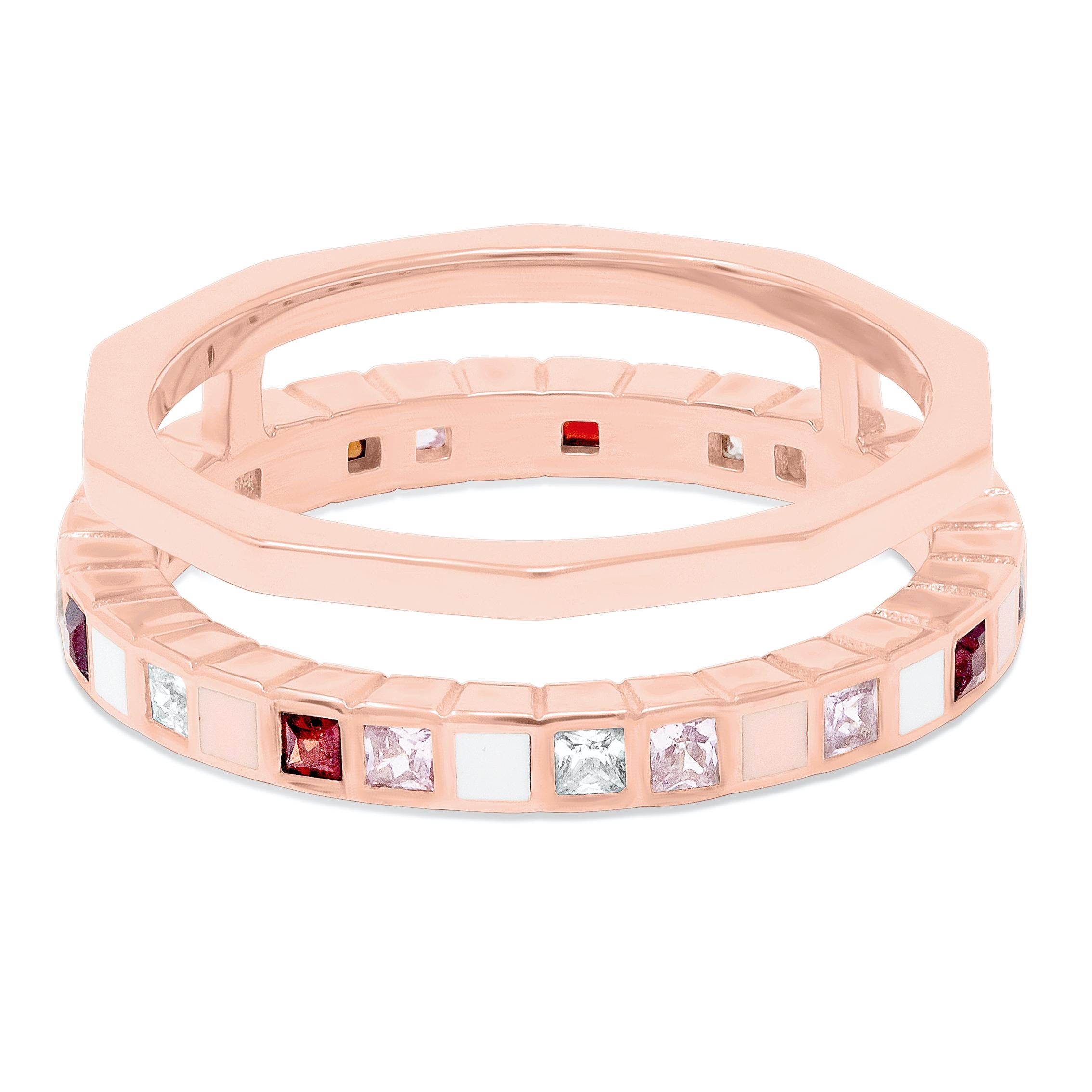 For Sale:  Princess Cut Diamond Ruby Pink Sapphire Enamel 18k Rose Gold Nova Ring 2