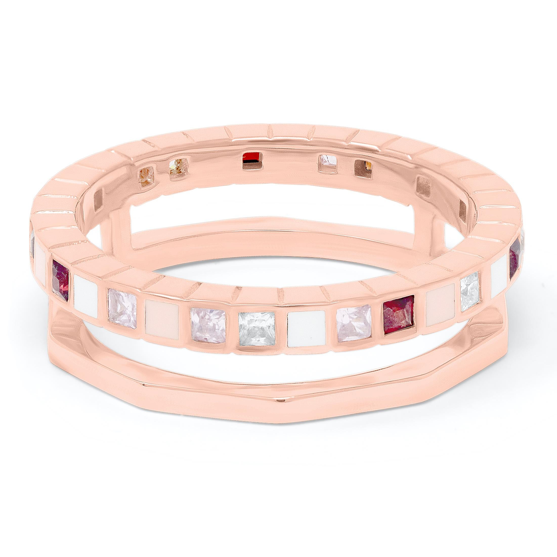 For Sale:  Princess Cut Diamond Ruby Pink Sapphire Enamel 18k Rose Gold Nova Ring 3