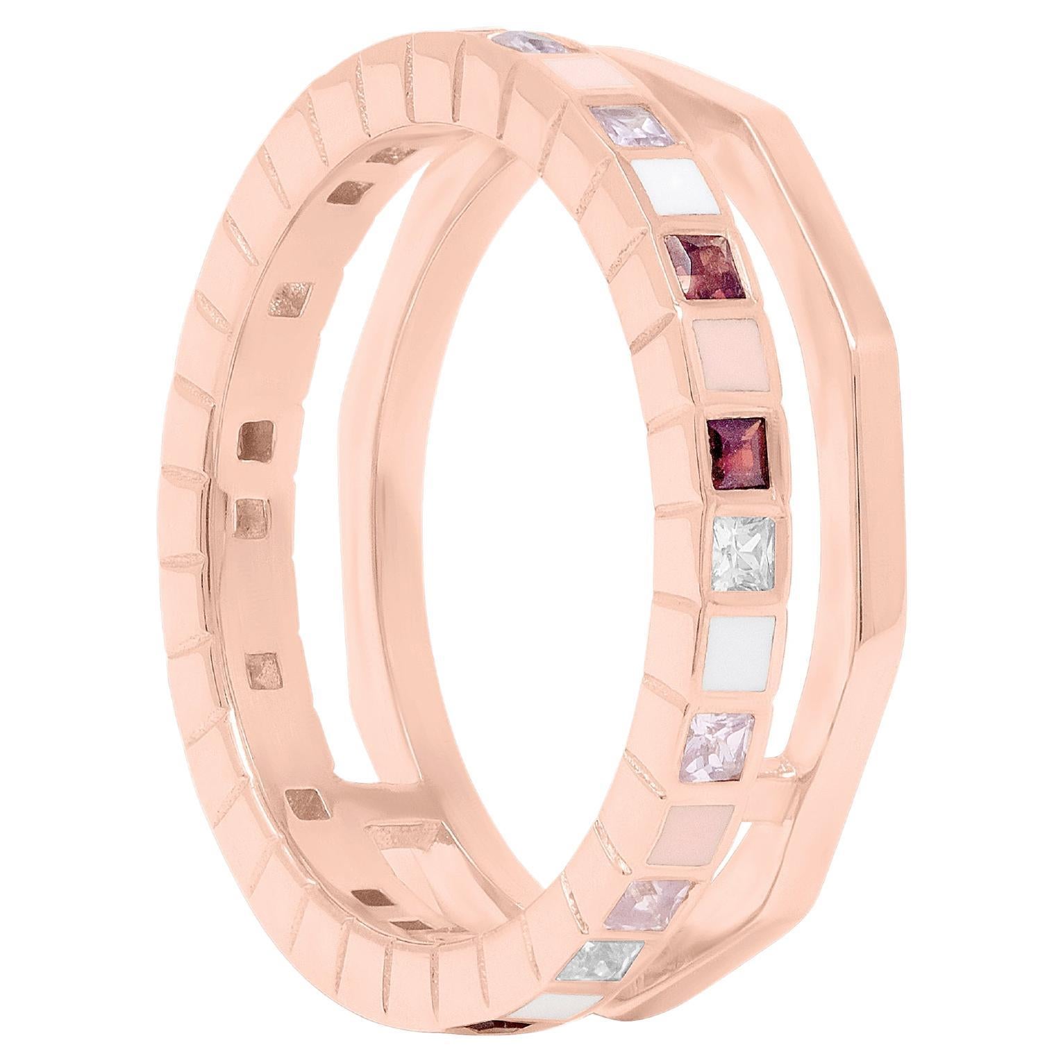 Nova-Ring aus 18 Karat Roségold mit Diamanten im Prinzessinnenschliff, Rubin, rosa Saphir und Emaille