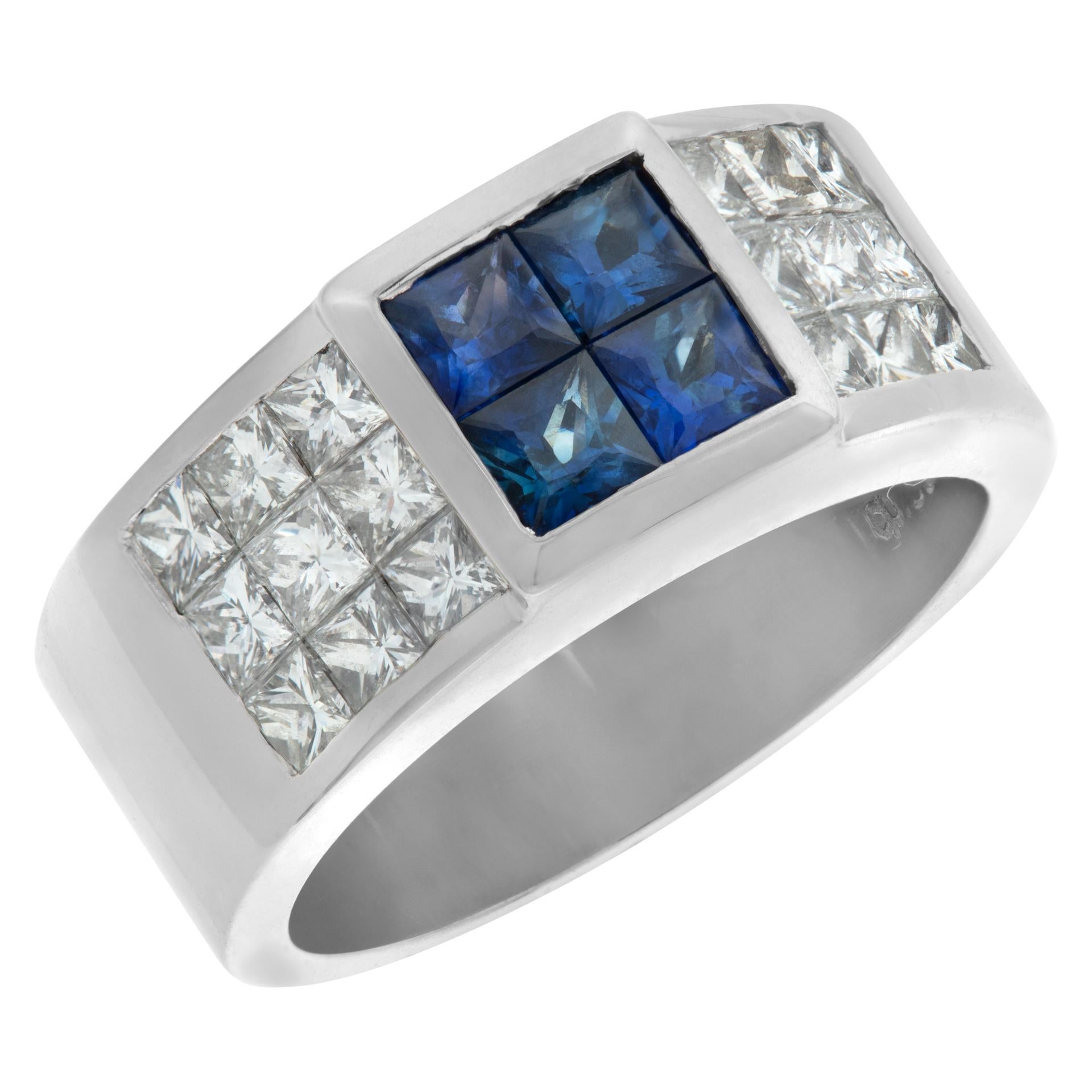 Princess Cut Diamond & Sapphire Ring in 18k White Gold In Excellent Condition For Sale In Surfside, FL