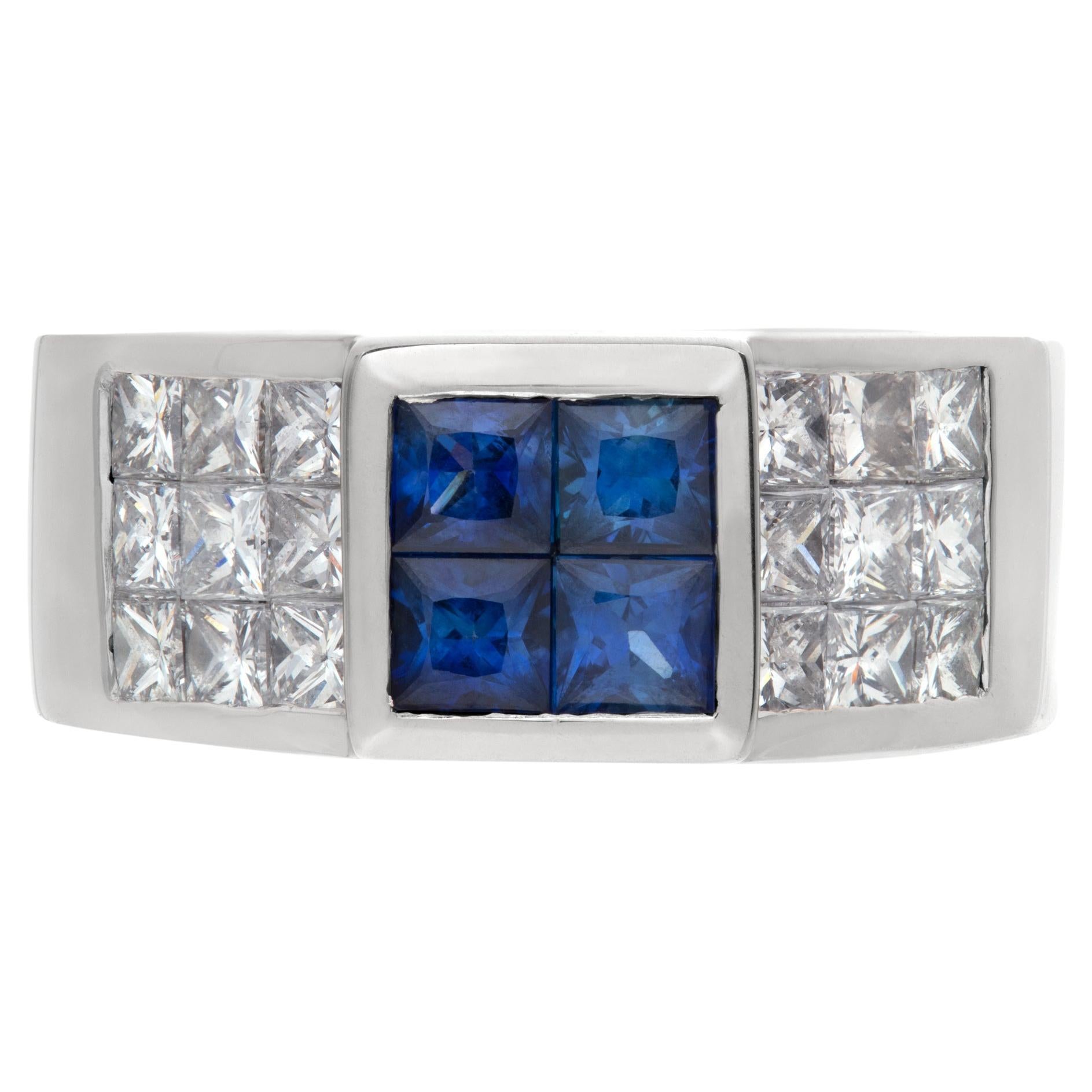 Princess Cut Diamond & Sapphire Ring in 18k White Gold For Sale