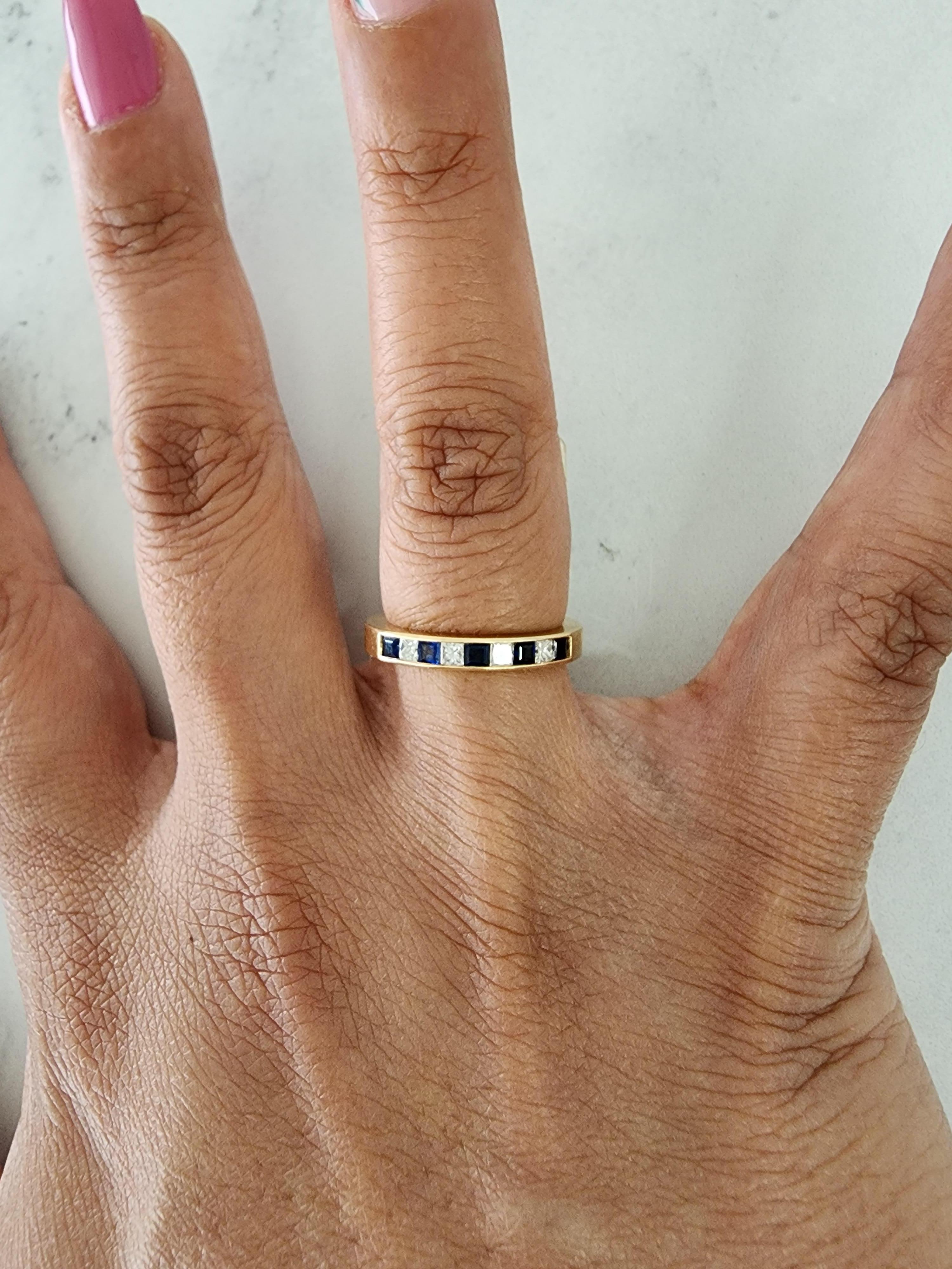 Princess Cut Diamond & Sapphire Wedding Band 14k Yellow Gold In New Condition For Sale In Sugar Land, TX