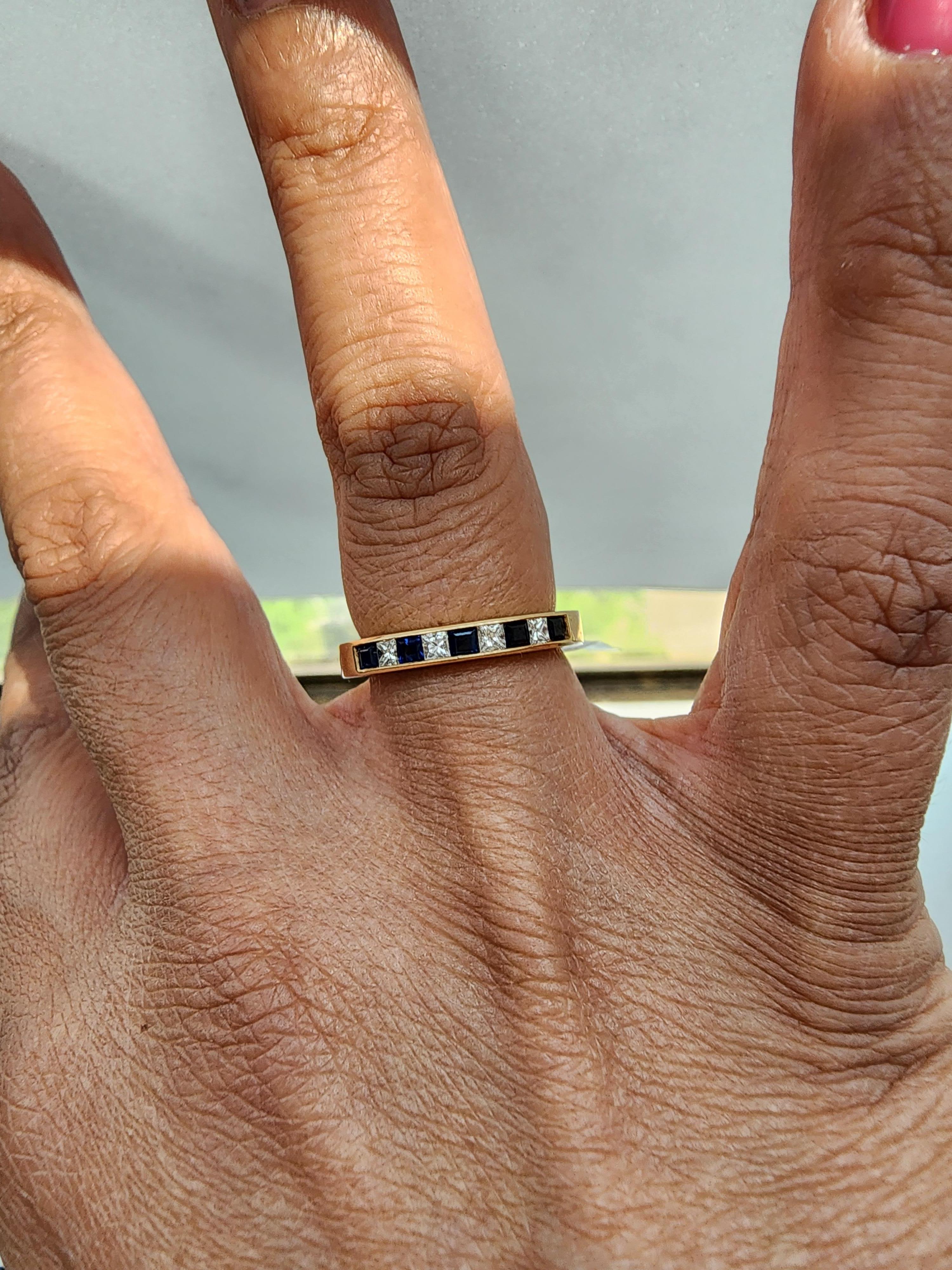 Princess Cut Diamond & Sapphire Wedding Band 14k Yellow Gold For Sale 1