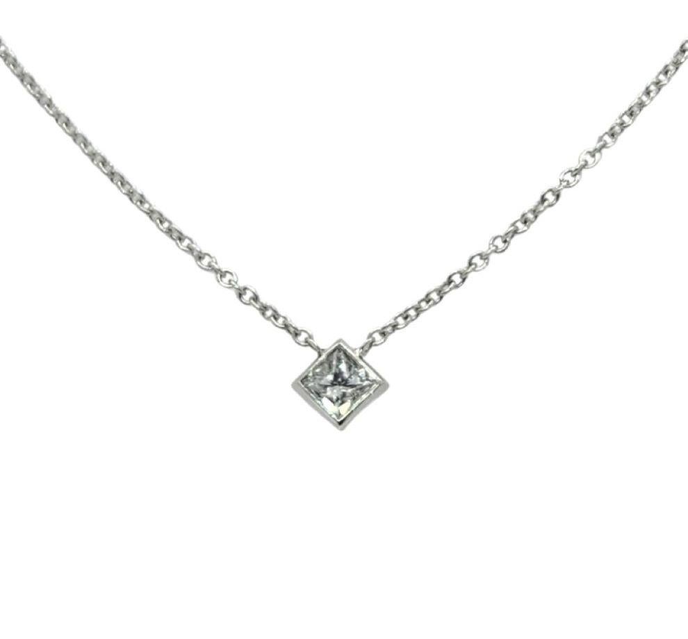Contemporary Princess Cut Diamond Solitaire Necklace Set In 14K White Gold Sparkly Simplicity For Sale