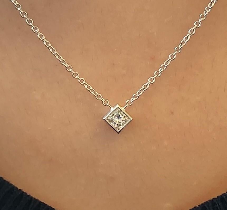 Square Cut Princess Cut Diamond Solitaire Necklace Set In 14K White Gold Sparkly Simplicity For Sale