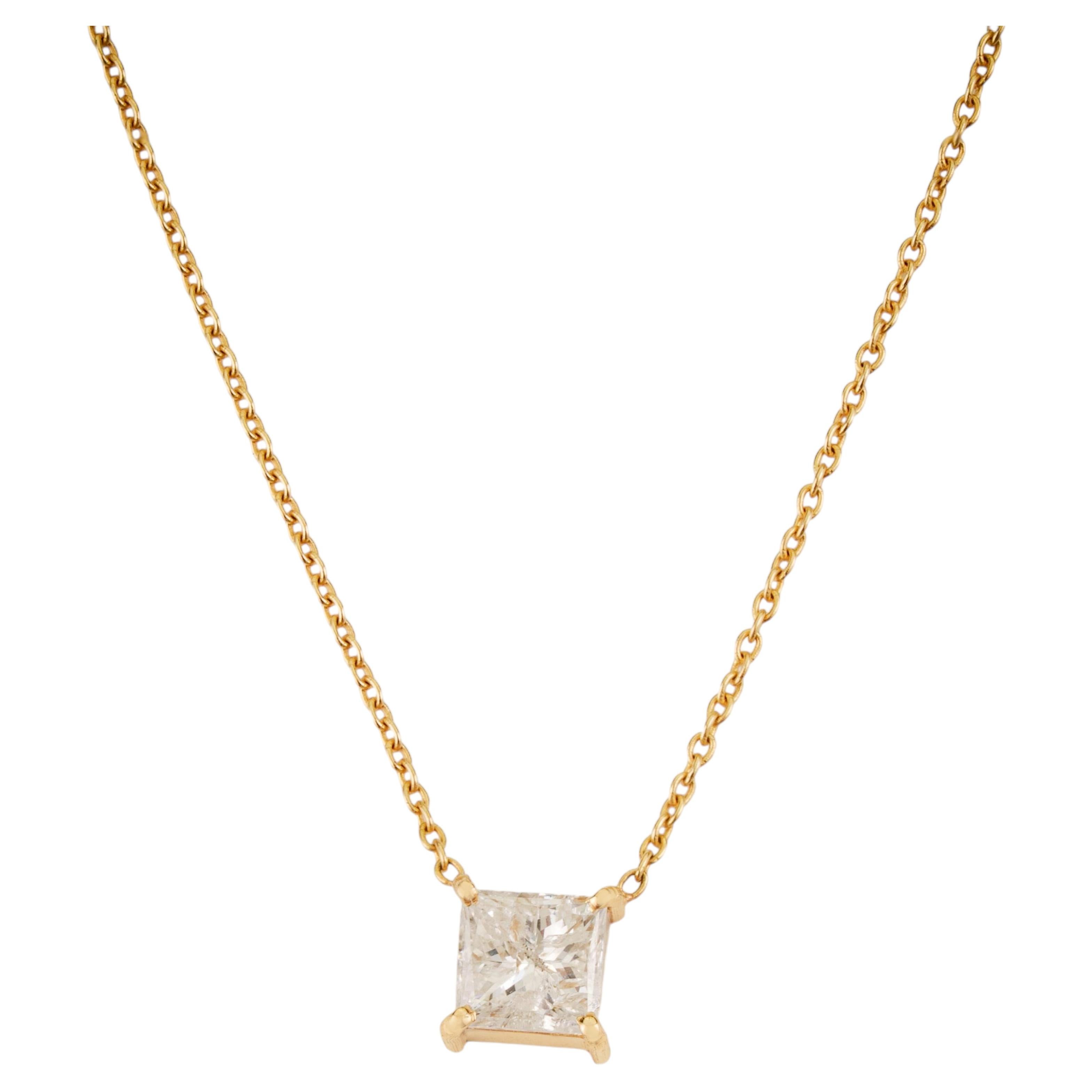 Princess-Cut Diamond Solitaire Pendant Necklace in 14K Yellow Gold Fine Jewelry For Sale