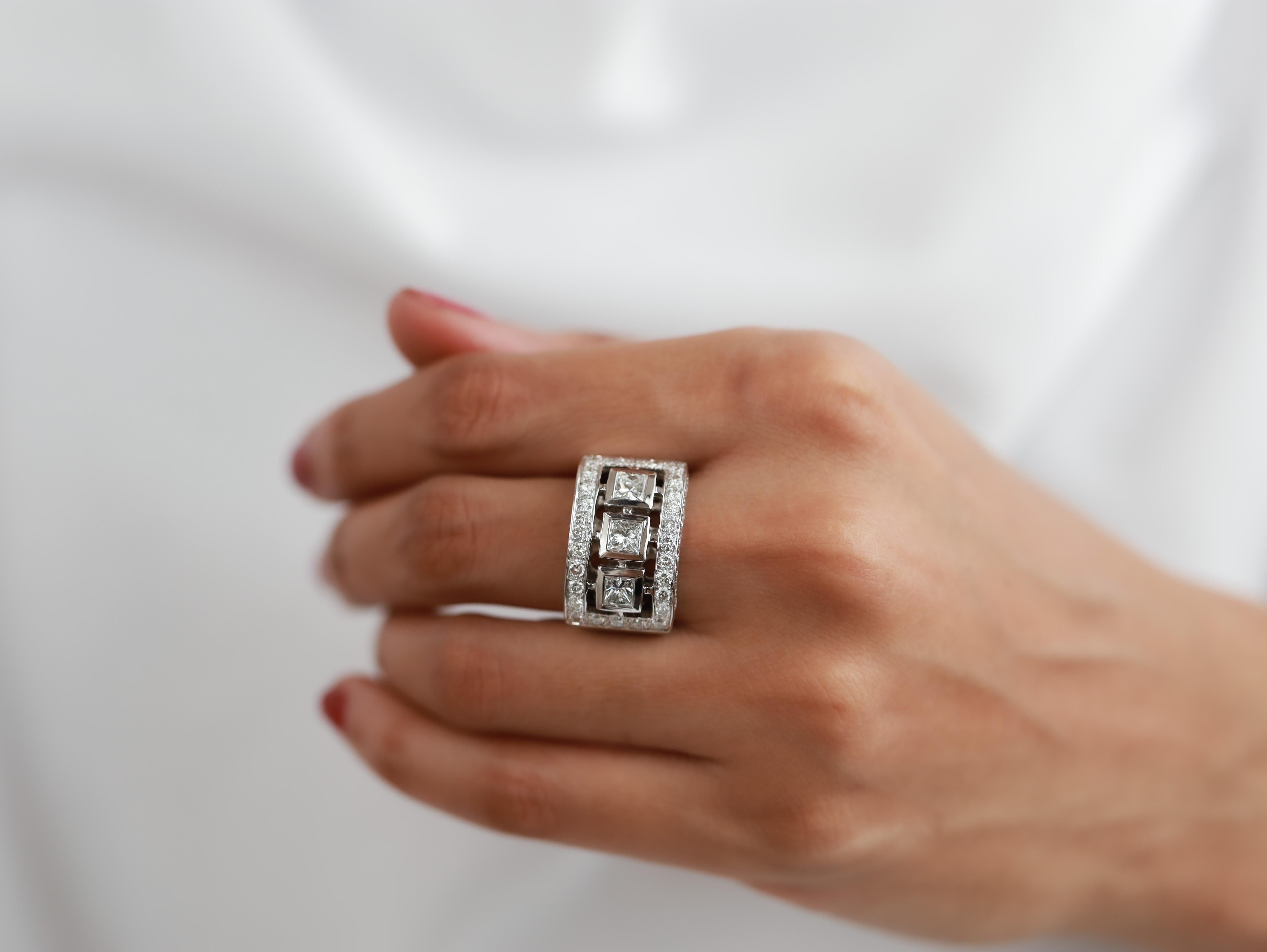 Art Deco Princess Cut Diamond Statement Cocktail Ring 3 Carat Diamonds, Anniversary Gift  For Sale