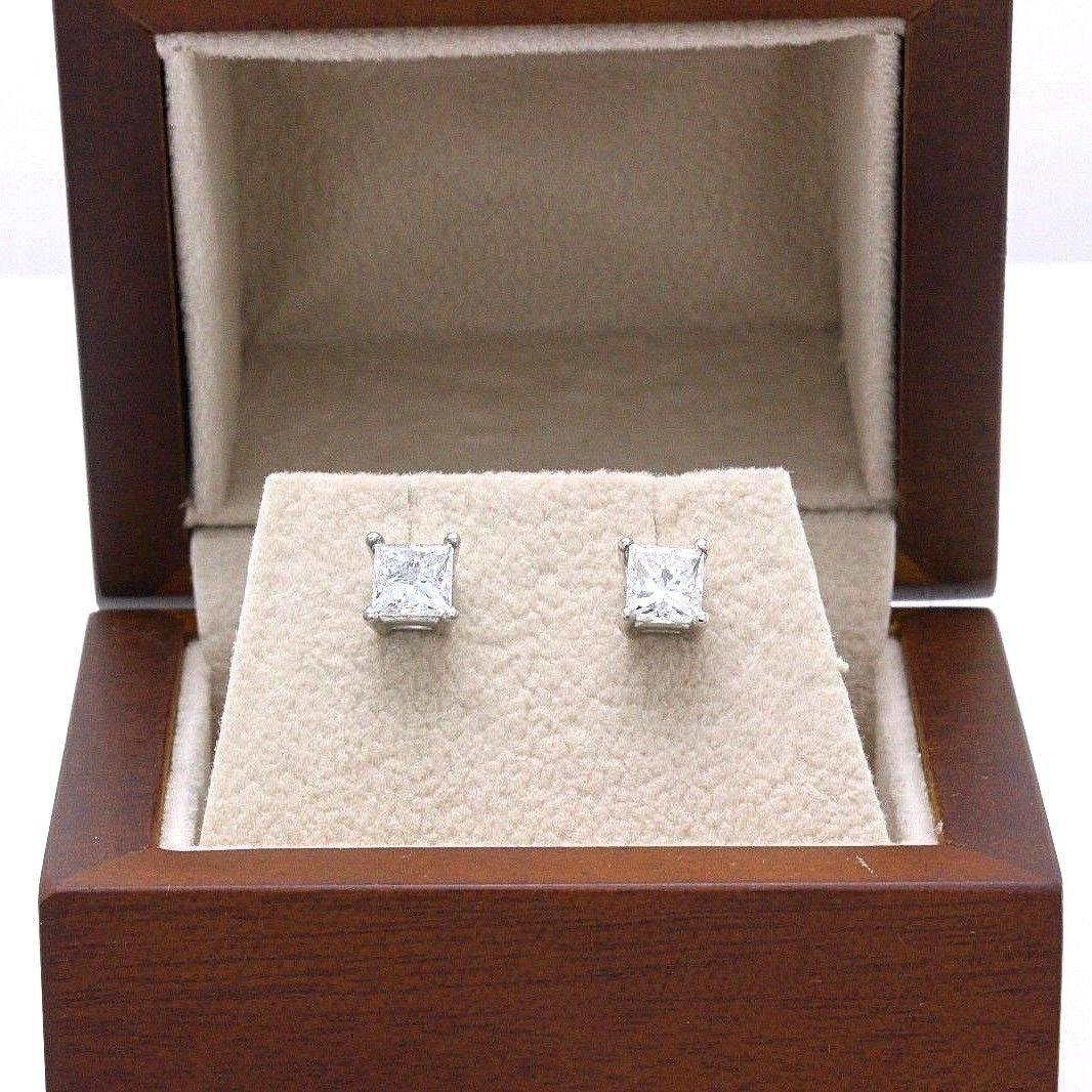 Princess Cut Diamond Stud Earrings 1.21 Carat Set in 14 Karat White Gold 2
