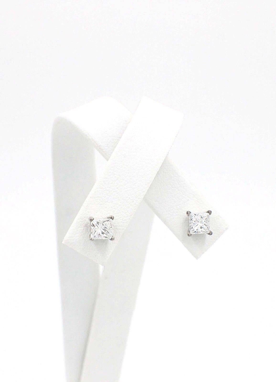 Princess Cut Diamond Stud Earrings 1.21 Carat Set in 14 Karat White Gold 3