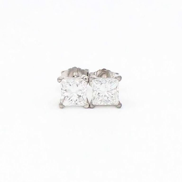 Princess Cut Diamond Stud Earrings 1.21 Carat Set in 14 Karat White Gold 5
