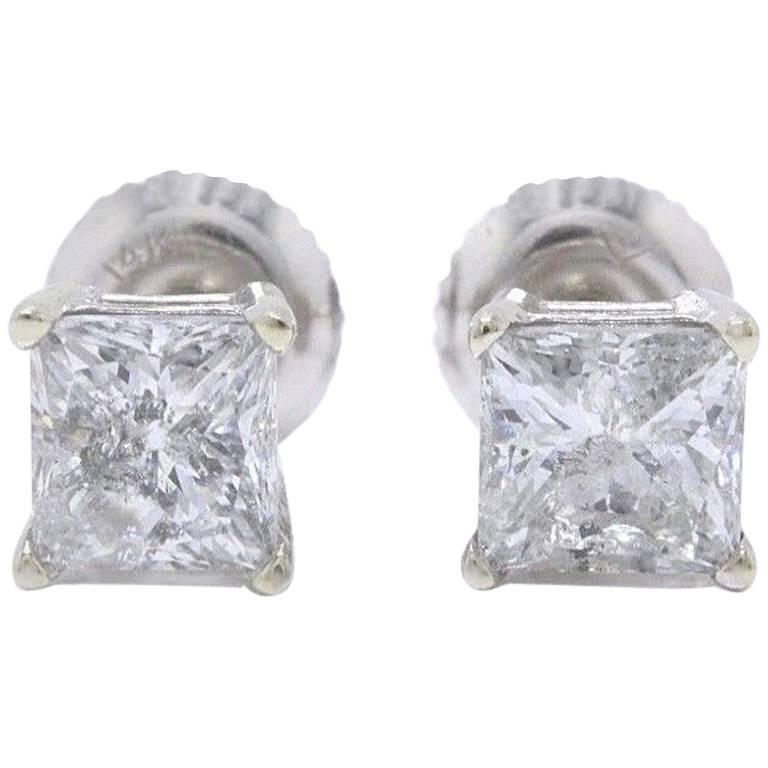Princess Cut Diamond Stud Earrings 1.60 TCW Set in 14 Karat White Gold