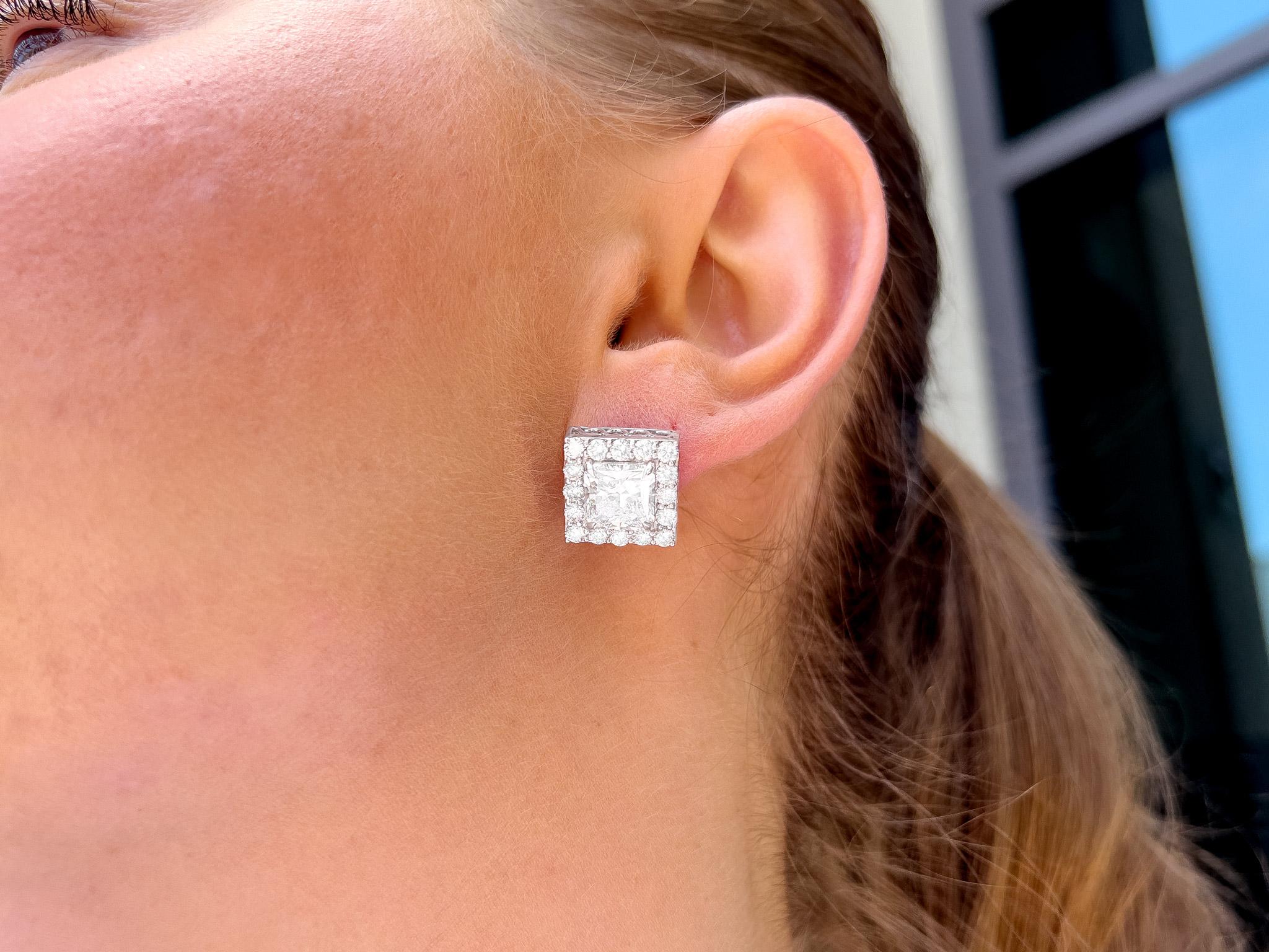Contemporary Princess Cut Diamond Stud Earrings 3+ Carat Each with Diamond Halo 18k Gold For Sale