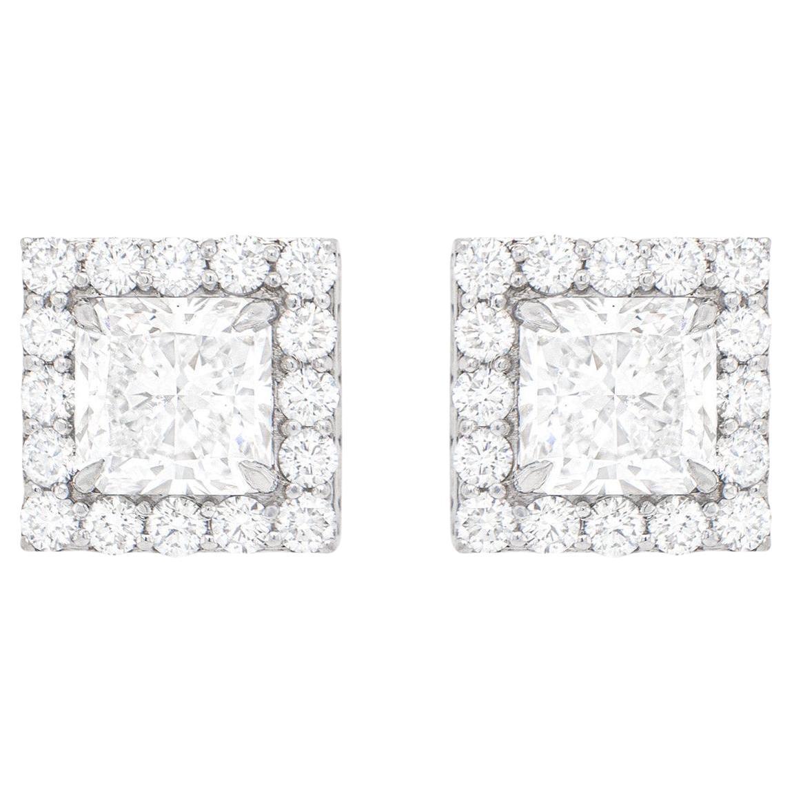 Princess Cut Diamond Stud Earrings 3+ Carat Each with Diamond Halo 18k Gold For Sale