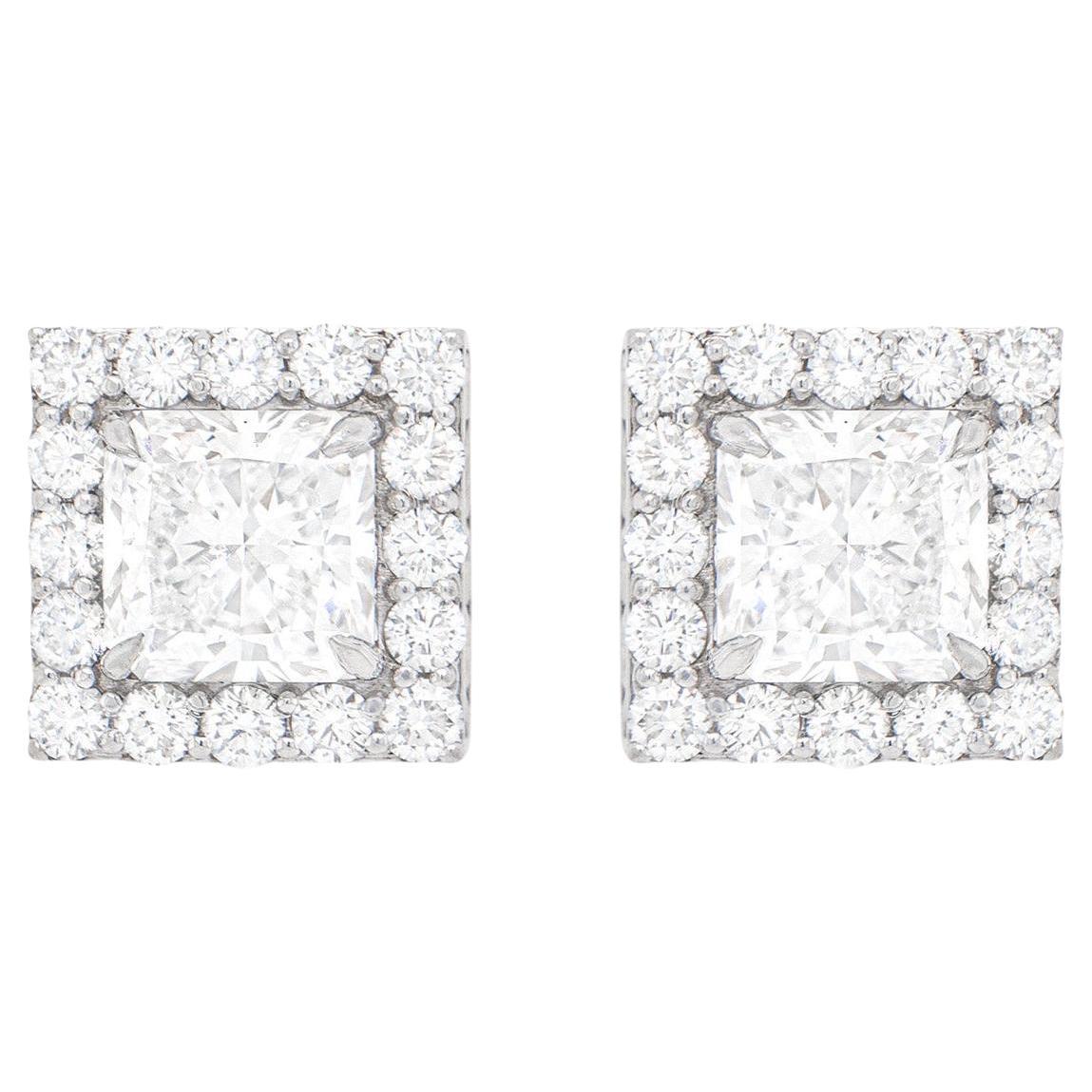 Princess Cut Diamond Stud Earrings 3+ Carat Each with Diamond Halo 18k Gold For Sale