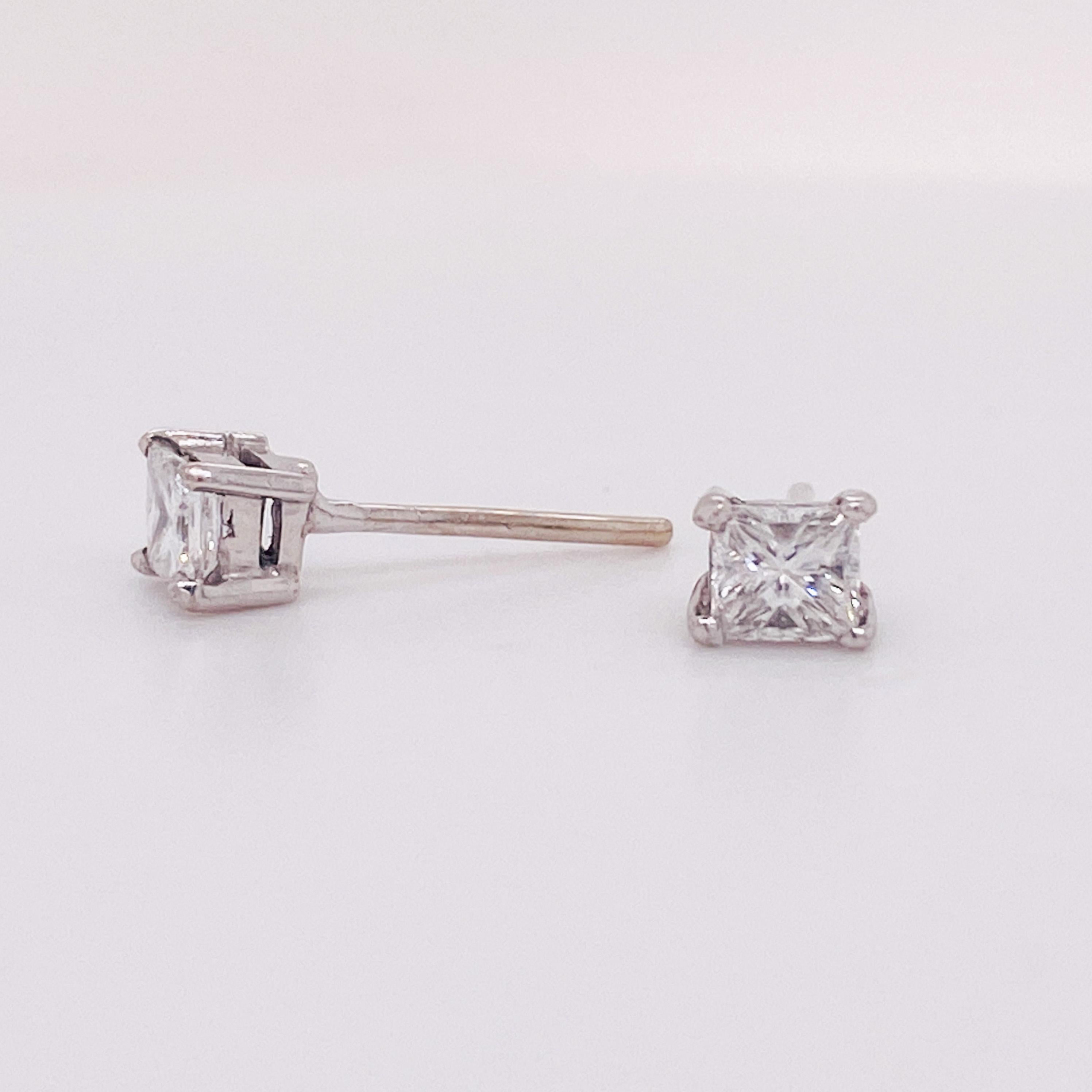 These princess cut diamond studs will look perfect in any ear! Wear your studs by themselves or as an accent next to larger earrings! The total weight of these diamonds is 0.80 carats (or slightly more) with near-colorless G-H color and VVS-VS
