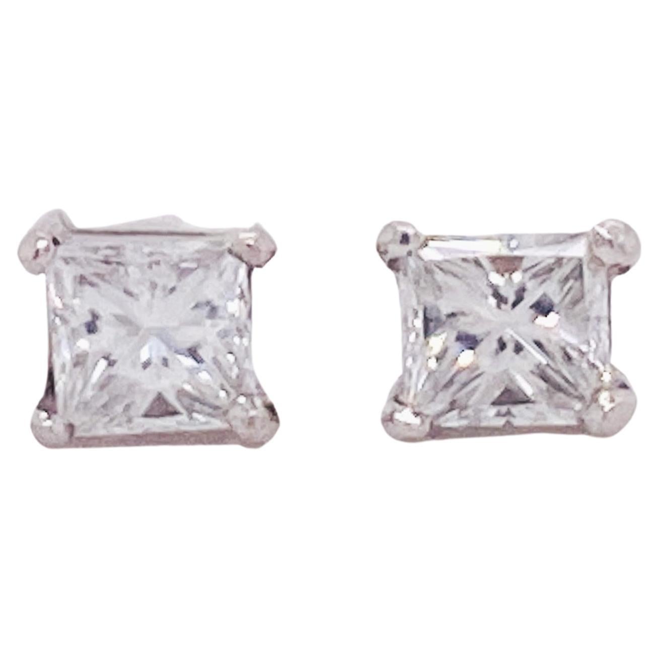 Princess Cut Diamond Stud Earrings, .80 Carat Pair in 14K White Gold Lv For Sale