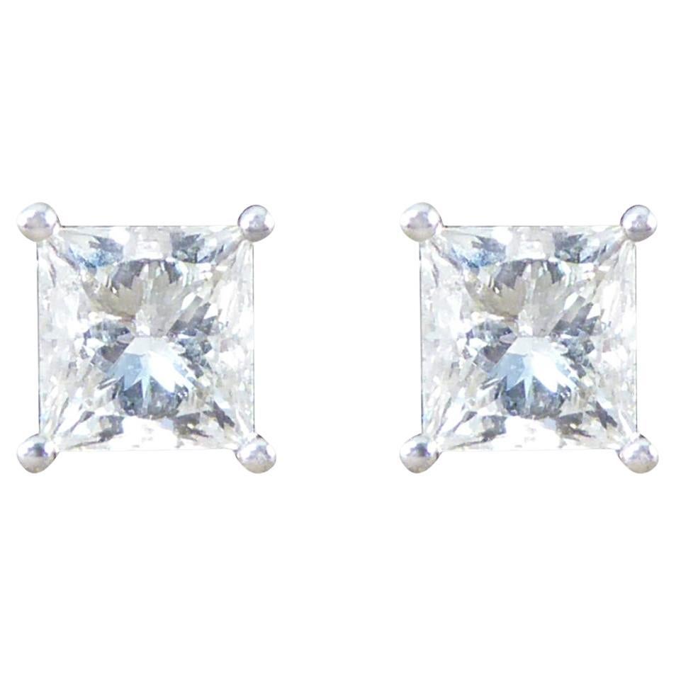 Princess Cut Diamond Stud Earrings Weighing 0.91 Carat in 18 Carat White Gold