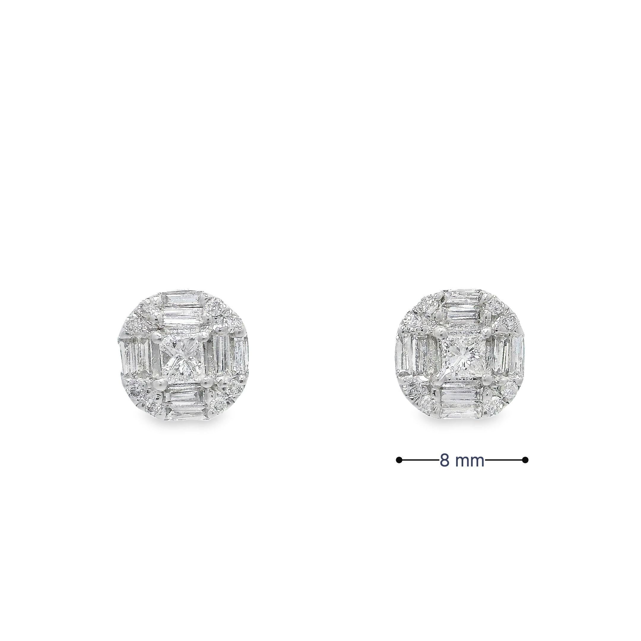 These diamond stud earrings from our collection embody the epitome of refined elegance and sophisticated style. Crafted with the utmost precision using 18-karat white gold, each earring showcases a captivating arrangement of princess-cut, baguette,