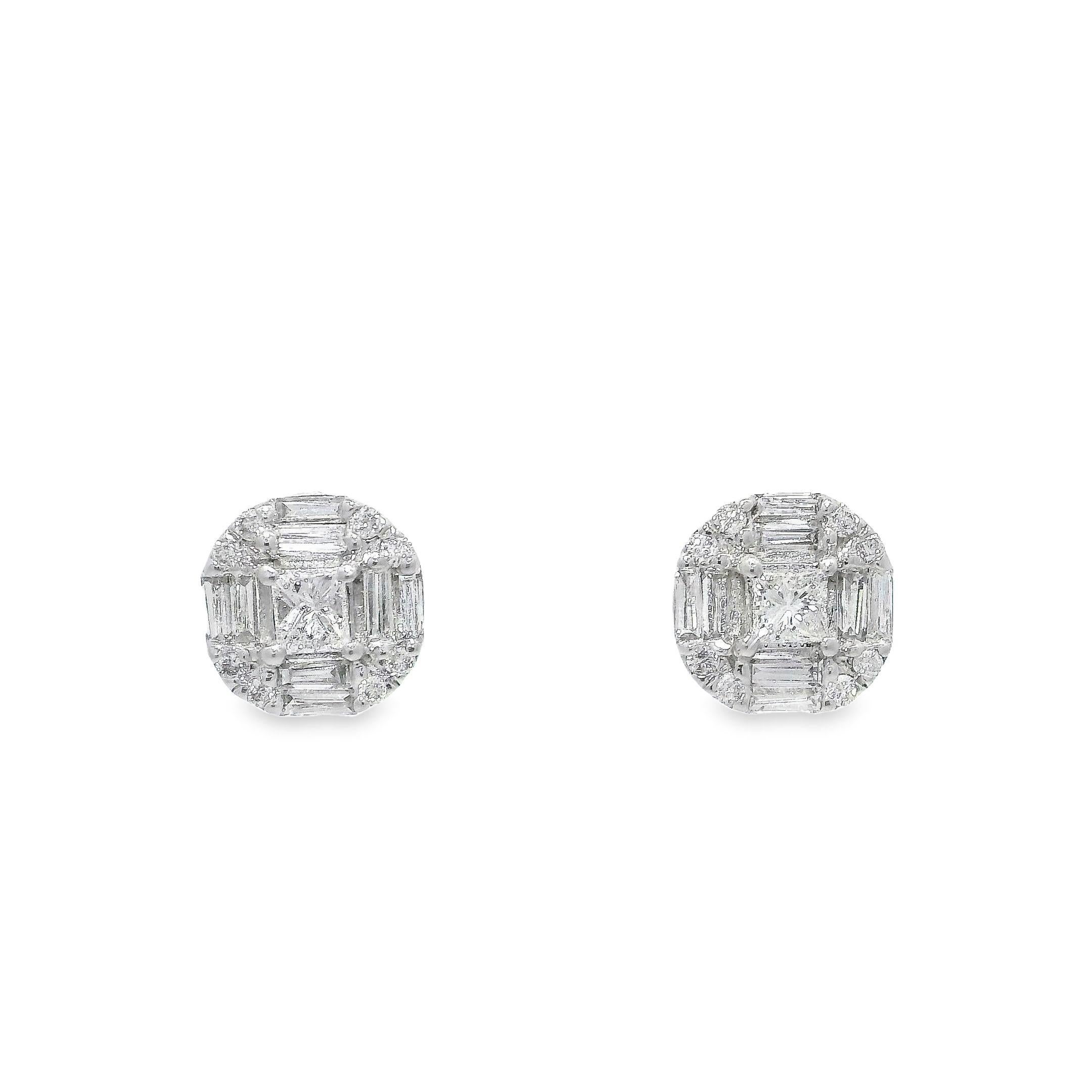 Princess Cut Princess-Cut Diamond Stud Earrings with Baguette and Brilliant Round Diamonds For Sale