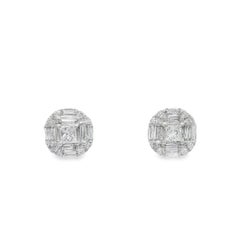 Princess-Cut Diamond Stud Earrings with Baguette and Brilliant Round Diamonds