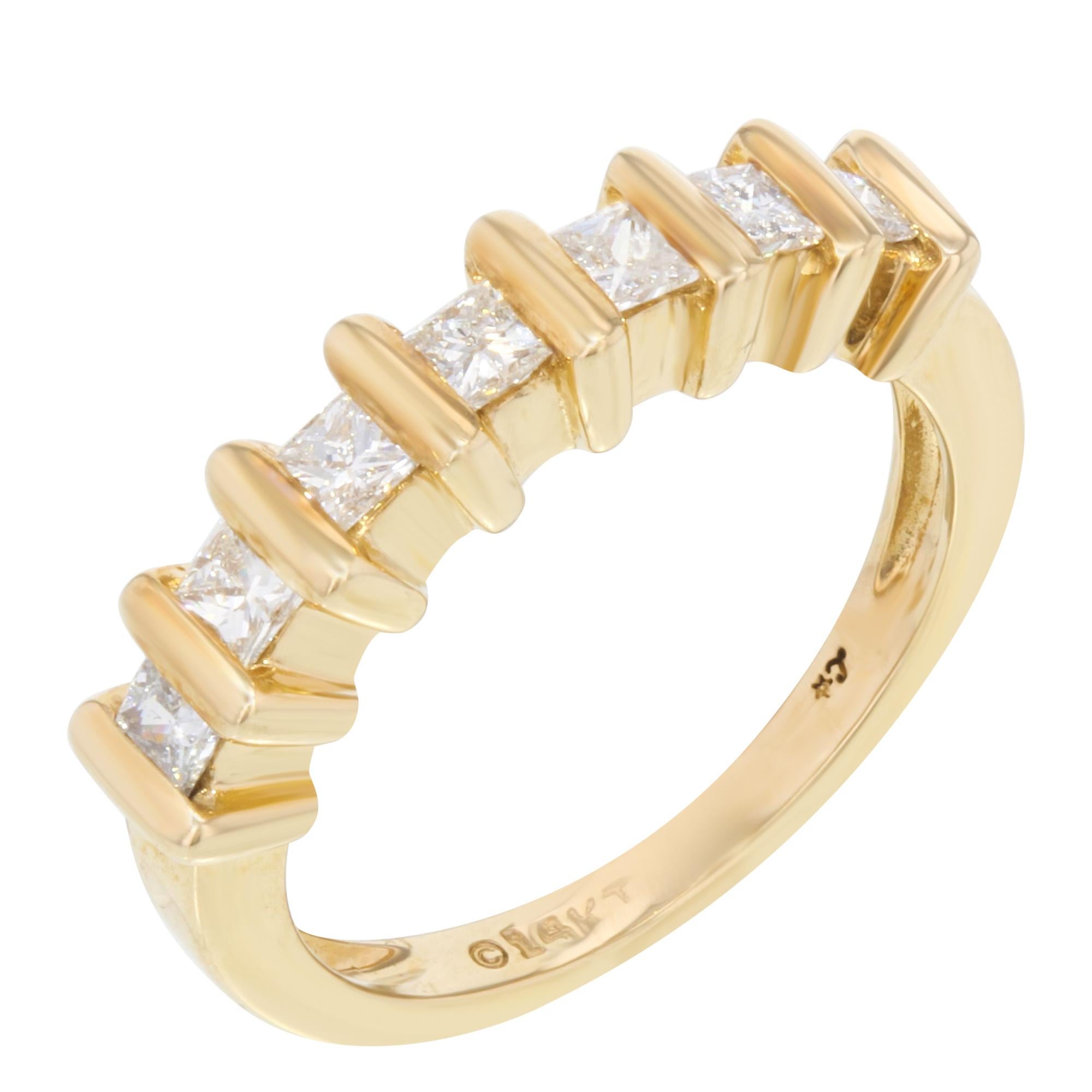 This beautifully crafted yellow gold diamond princess-cut wedding band setting is breathtaking. There are 7 princess-cut diamonds in bar setting of G-H color, SI1-SI2 clarity, weighing 0.45 carats. Express your unending love for one another with