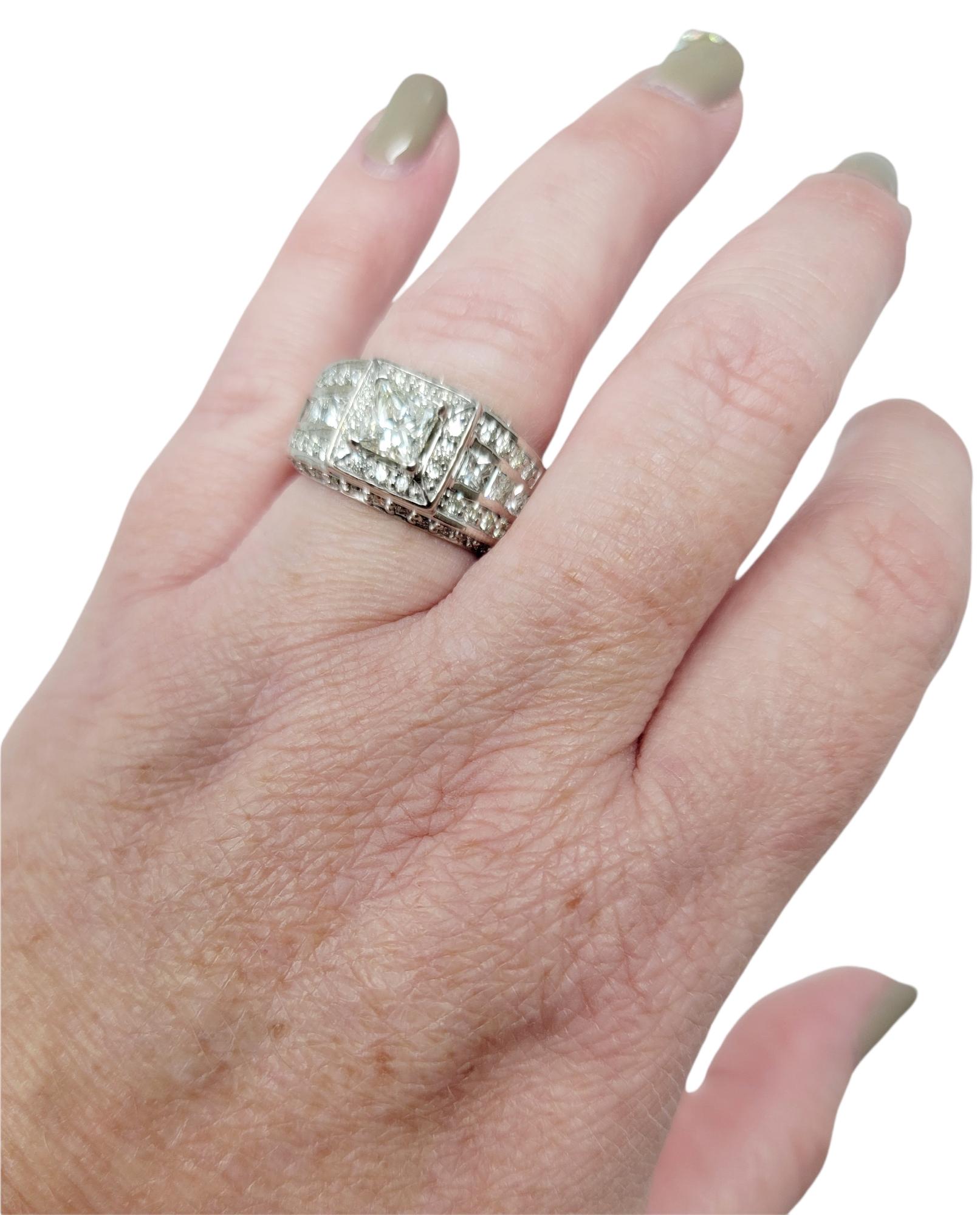 Princess Cut Diamond Wide Multi-Row Engagement Band Ring 14 Karat White Gold For Sale 1