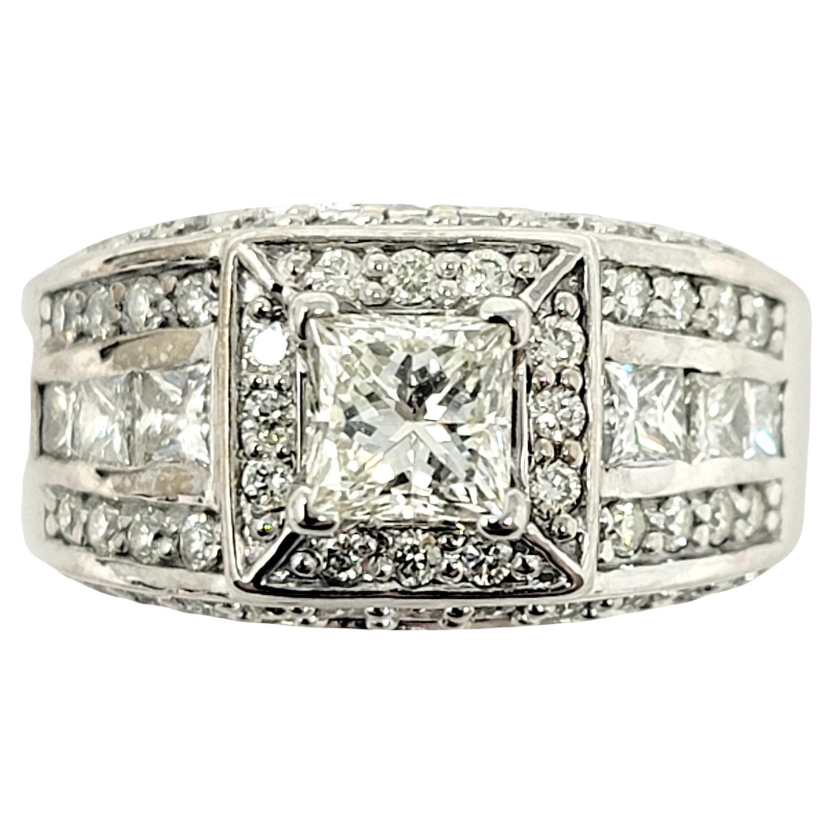 Princess Cut Diamond Wide Multi-Row Engagement Band Ring 14 Karat White Gold For Sale