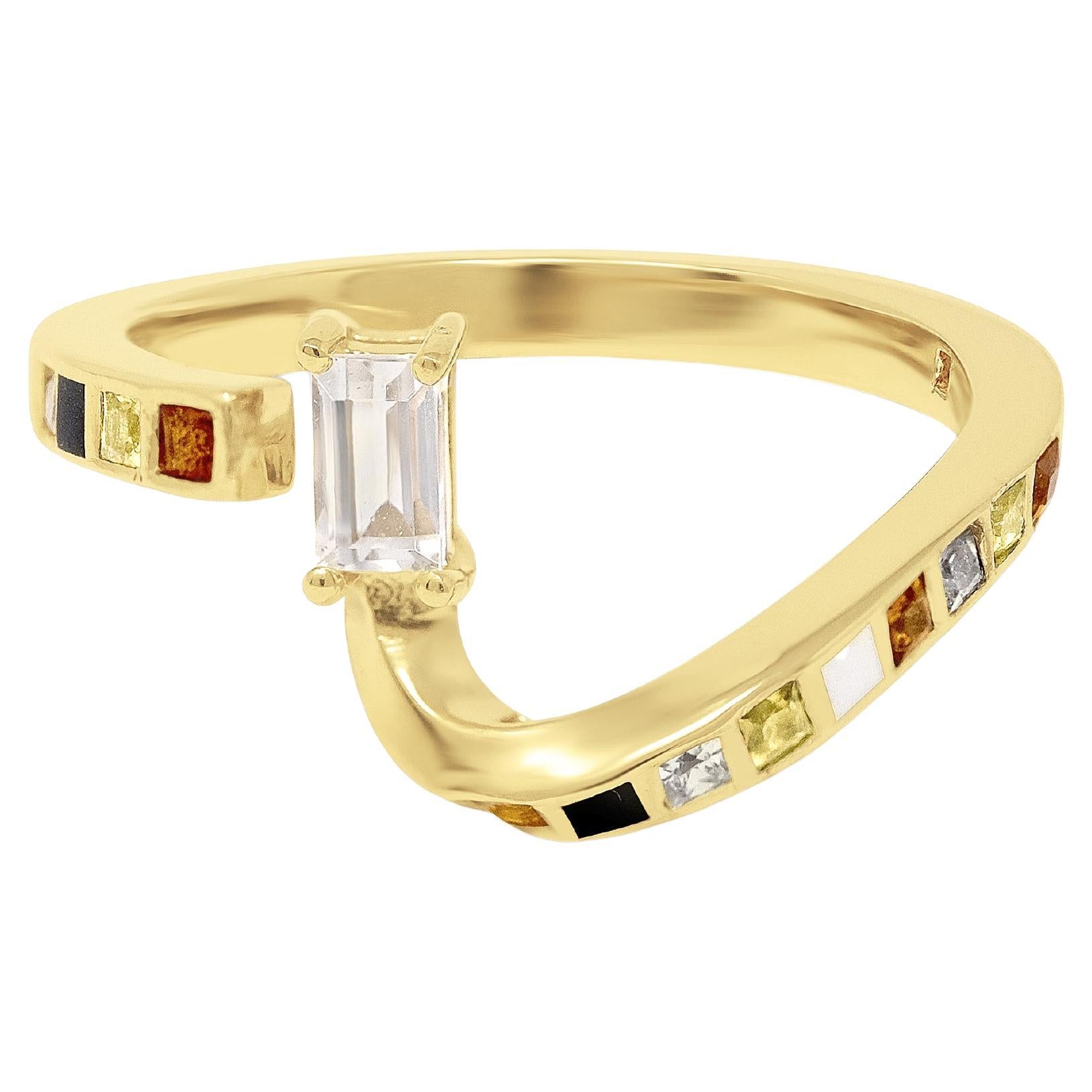 Alexi-Ring aus 18 Karat Gelbgold mit Diamanten im Prinzessinnenschliff, gelbem Saphir, Citrin und Emaille