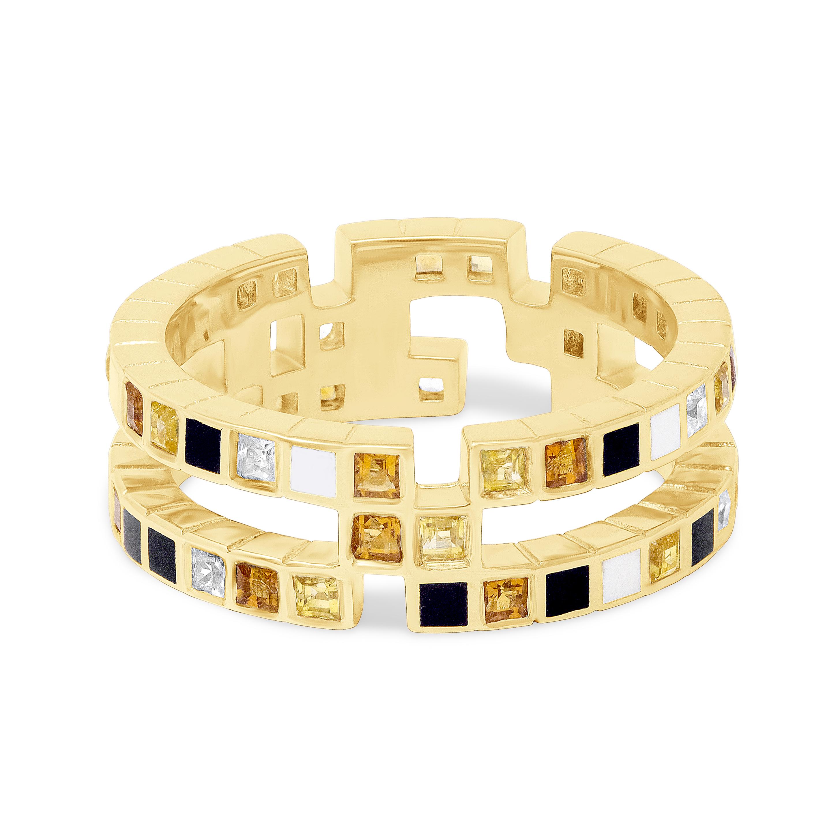 For Sale:  Princess Cut Diamond Yellow Sapphire Citrine Enamel 18k Yellow Gold Cubism Ring 3
