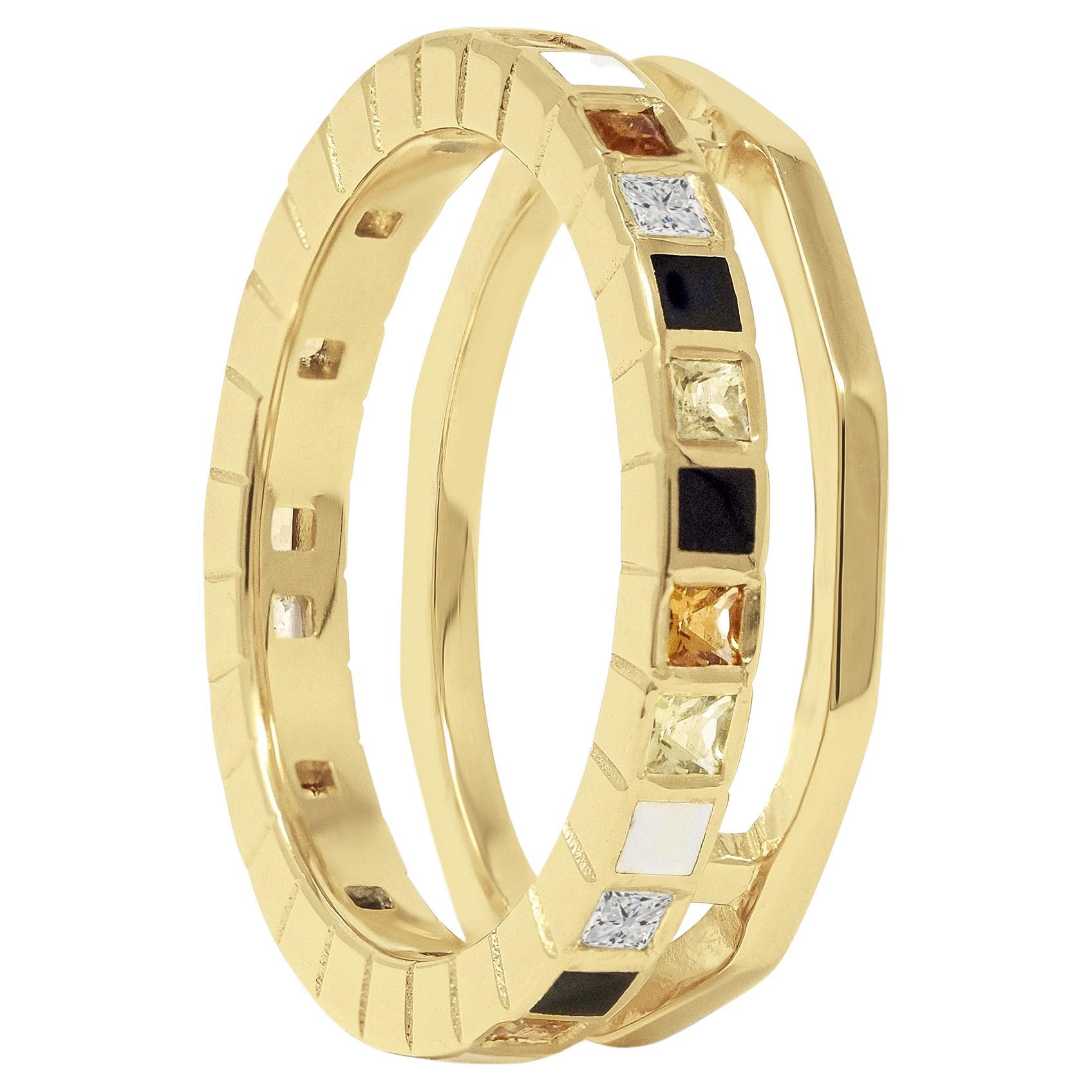 En vente :  Bague Nova en or jaune 18 carats avec diamant taille princesse, saphir jaune, citrine et émail