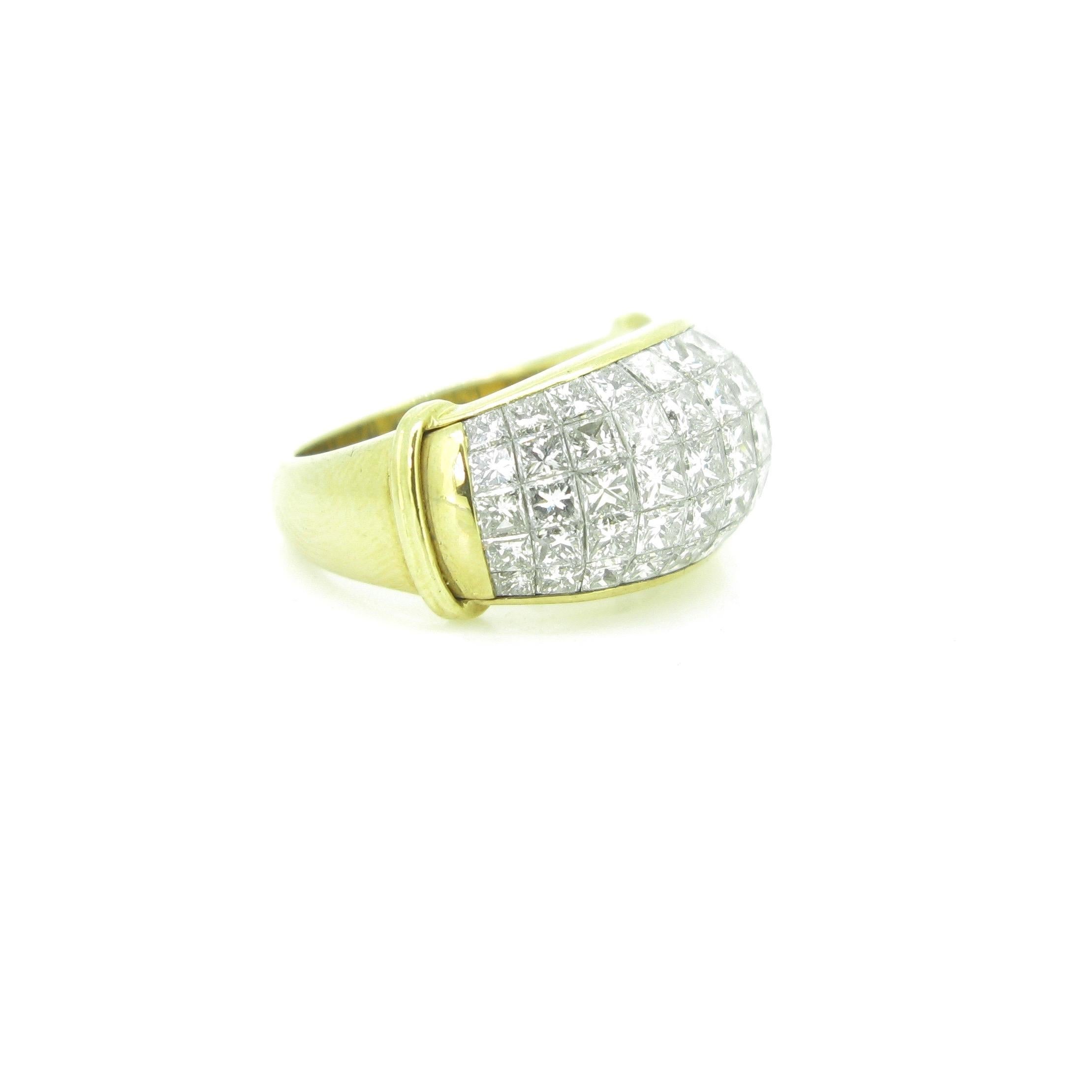 Modern Princess Cut Diamonds Serti Mysterieux Yellow Gold Pave Band Dome Cocktail Ring