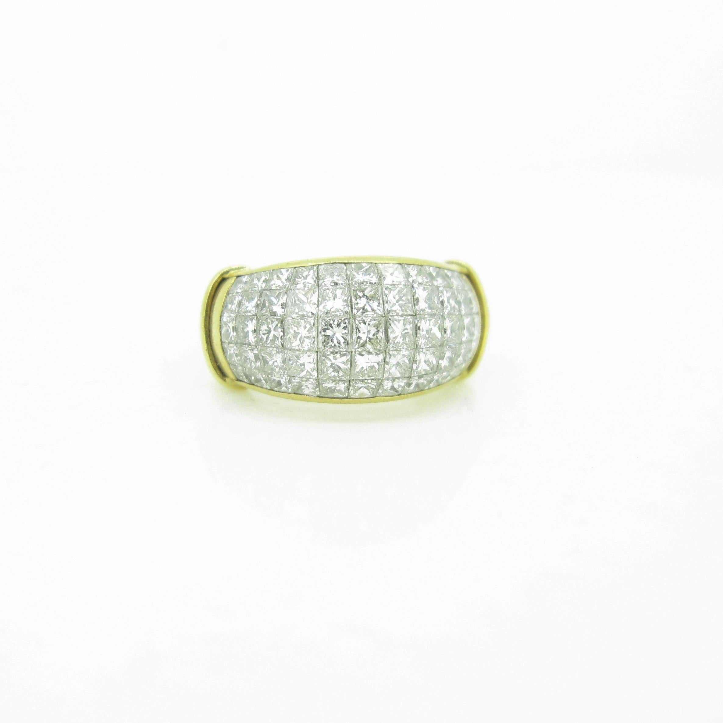 Princess Cut Diamonds Serti Mysterieux Yellow Gold Pave Band Dome Cocktail Ring In Good Condition In London, GB