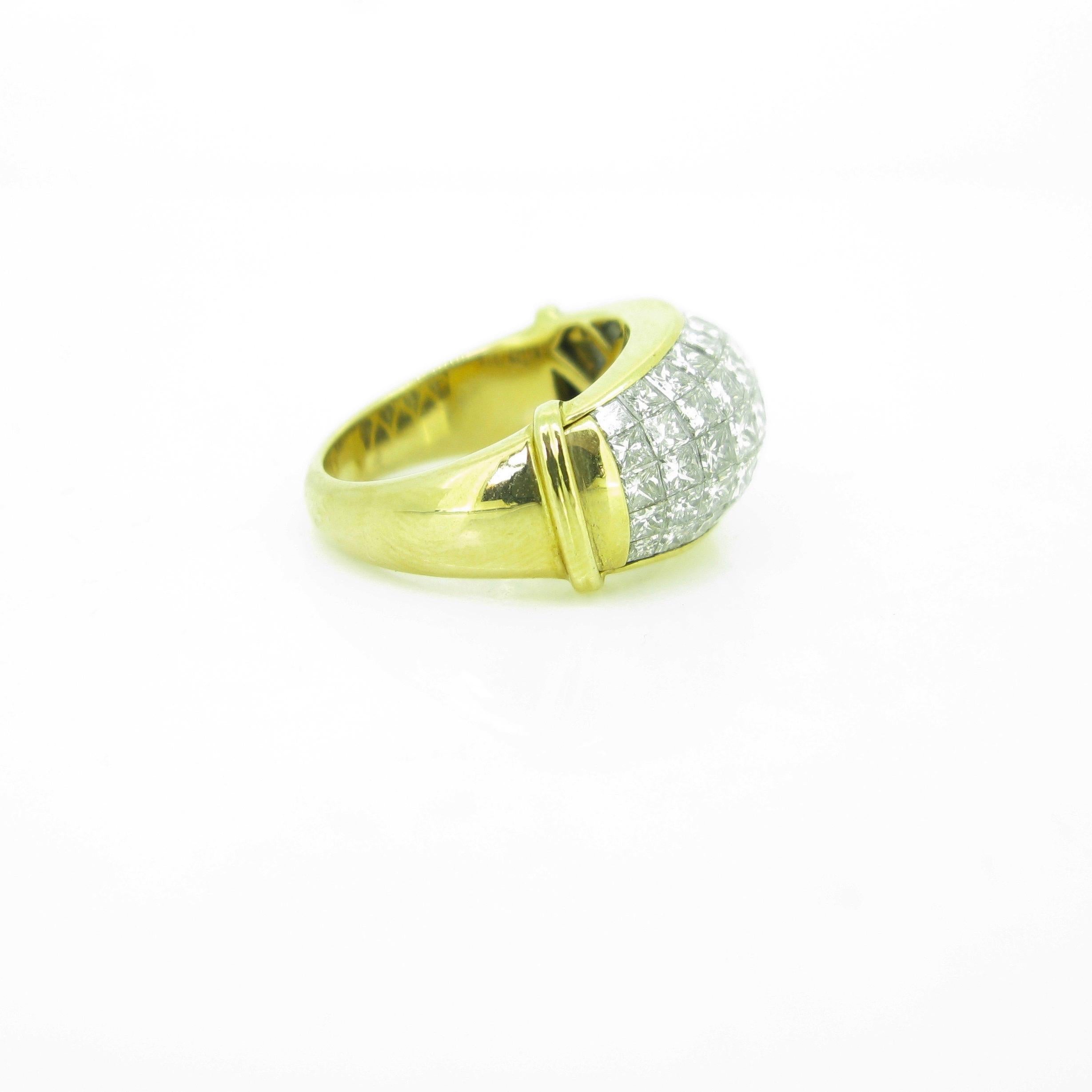 Women's or Men's Princess Cut Diamonds Serti Mysterieux Yellow Gold Pave Band Dome Cocktail Ring