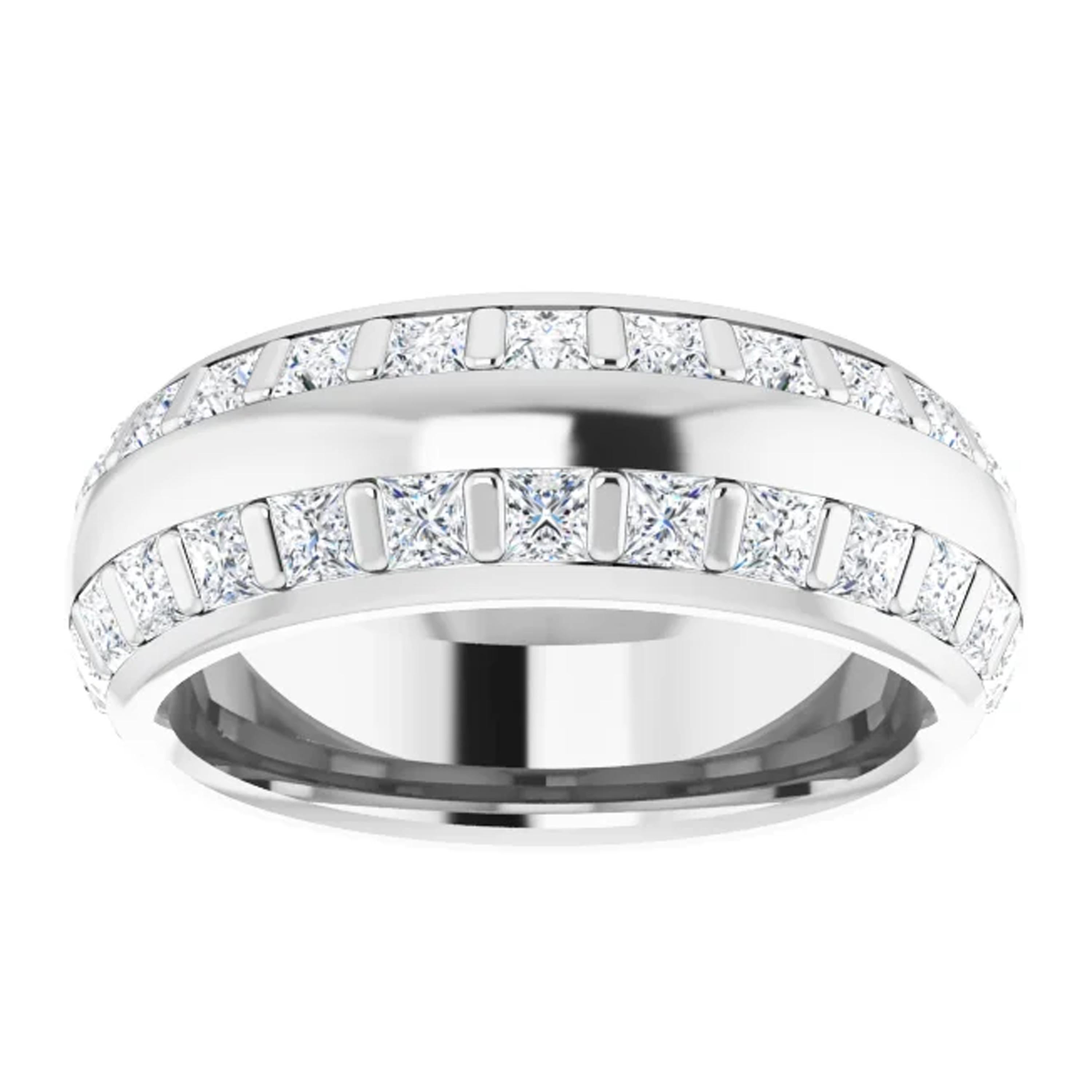 Dainty and unique, princess cut natural diamonds full of life line the shank of this double row eternity band. Handcrafted meticulously in 18k white gold and finished with a high polished rhodium plating, this eternity band is made for size 7. This