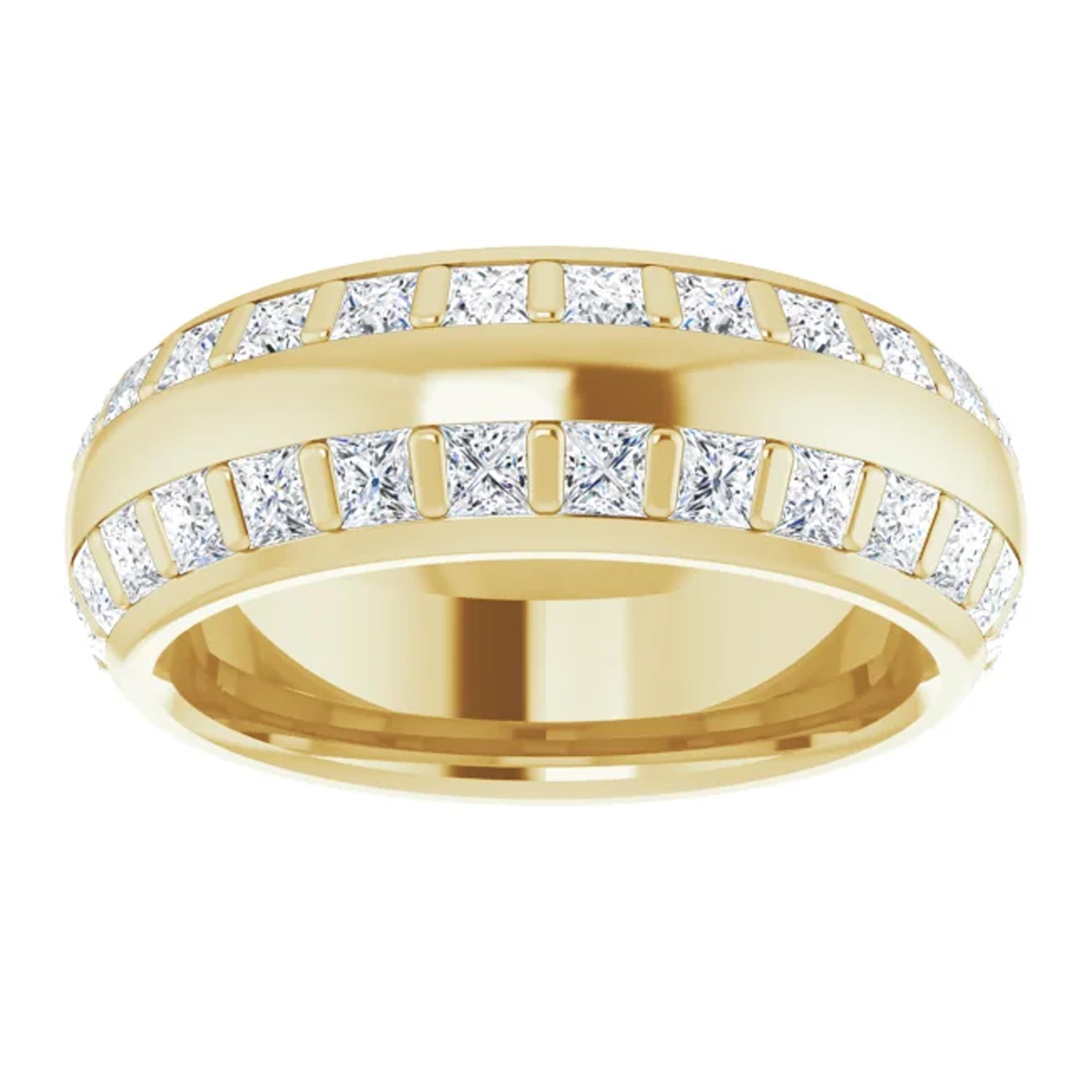 Shimmering princess cut diamond full of fire line the shank of this double row eternity band. Handcrafted in 18k yellow gold, this eternity band is made for finger size 7. This wedding ring may be ordered in other finger sizes as well.

Style